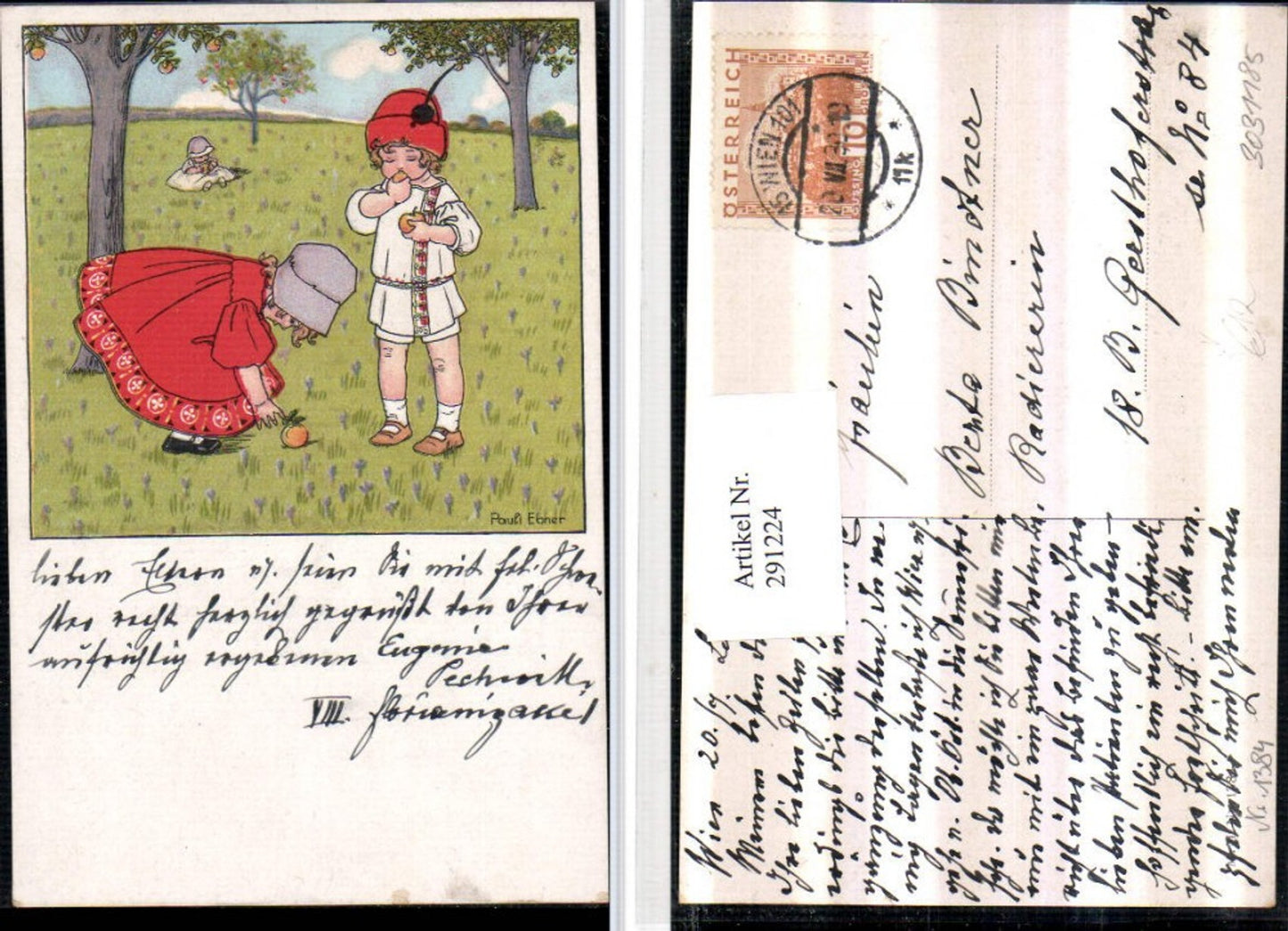 291224,Künstler AK Pauli Ebner Kinder Hauben Kleid Äpfel Apfelbaum pub M. Munk 1384