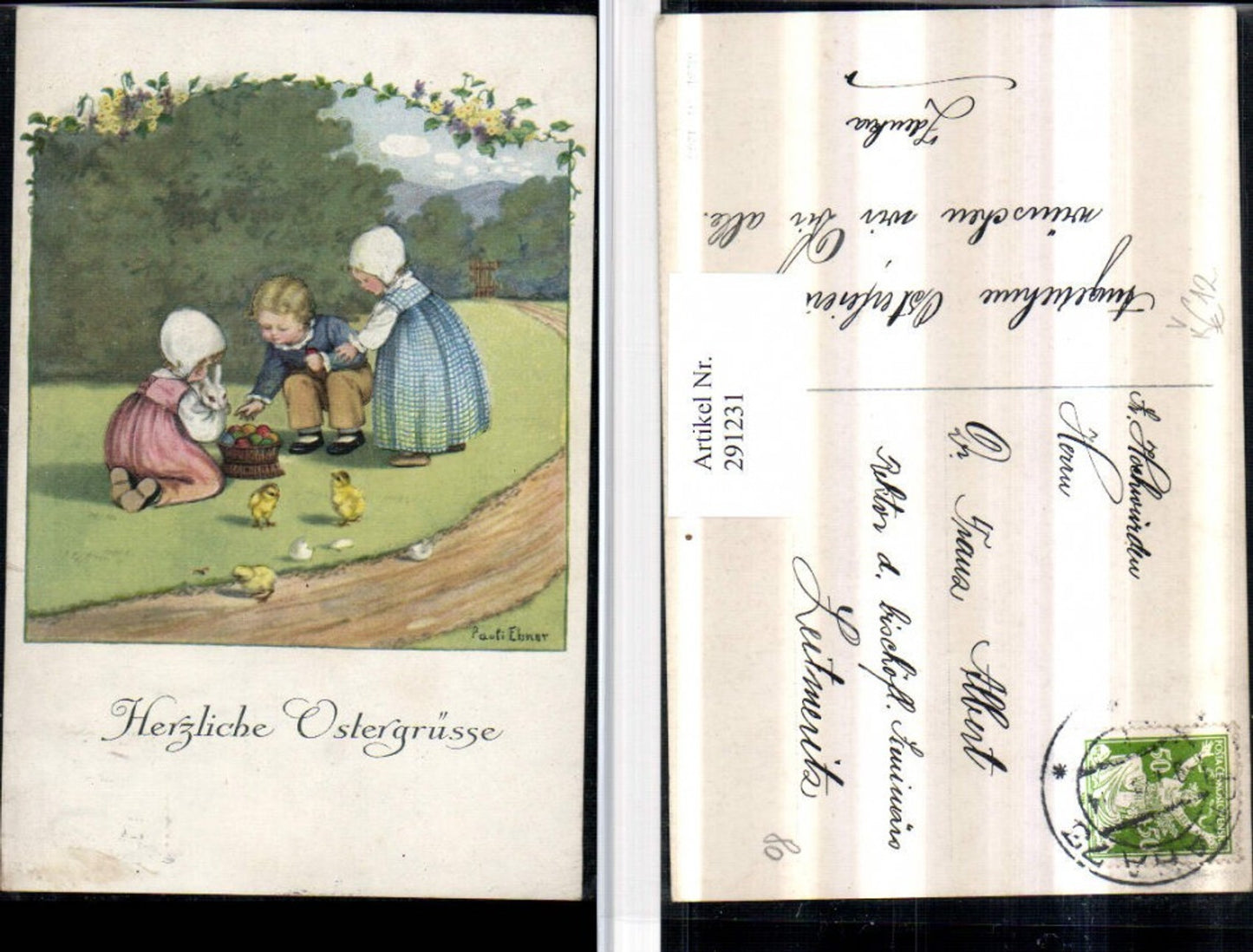 291231,Künstler AK Pauli Ebner Ostern Kinder Hauben Korb Ostereier Hase Küken pub M. Munk 1238