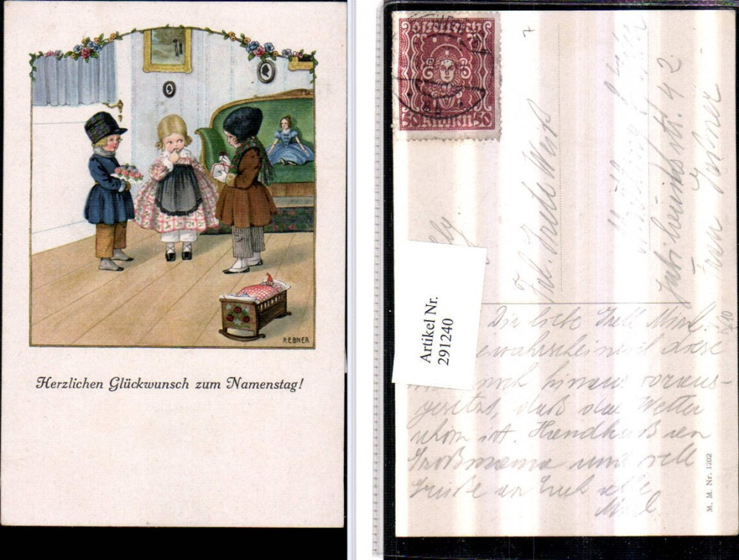 291240,Künstler AK Pauli Ebner Namenstag Kinder Geschenk Puppe Wiege pub M. Munk 1202