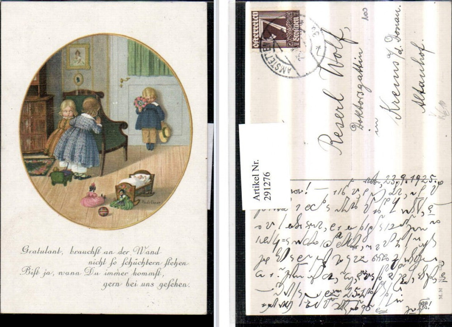 291276,Künstler AK Pauli Ebner Kinder Wiege Puppen Junge Hut Blumen Spruch pub M. Munk 1228