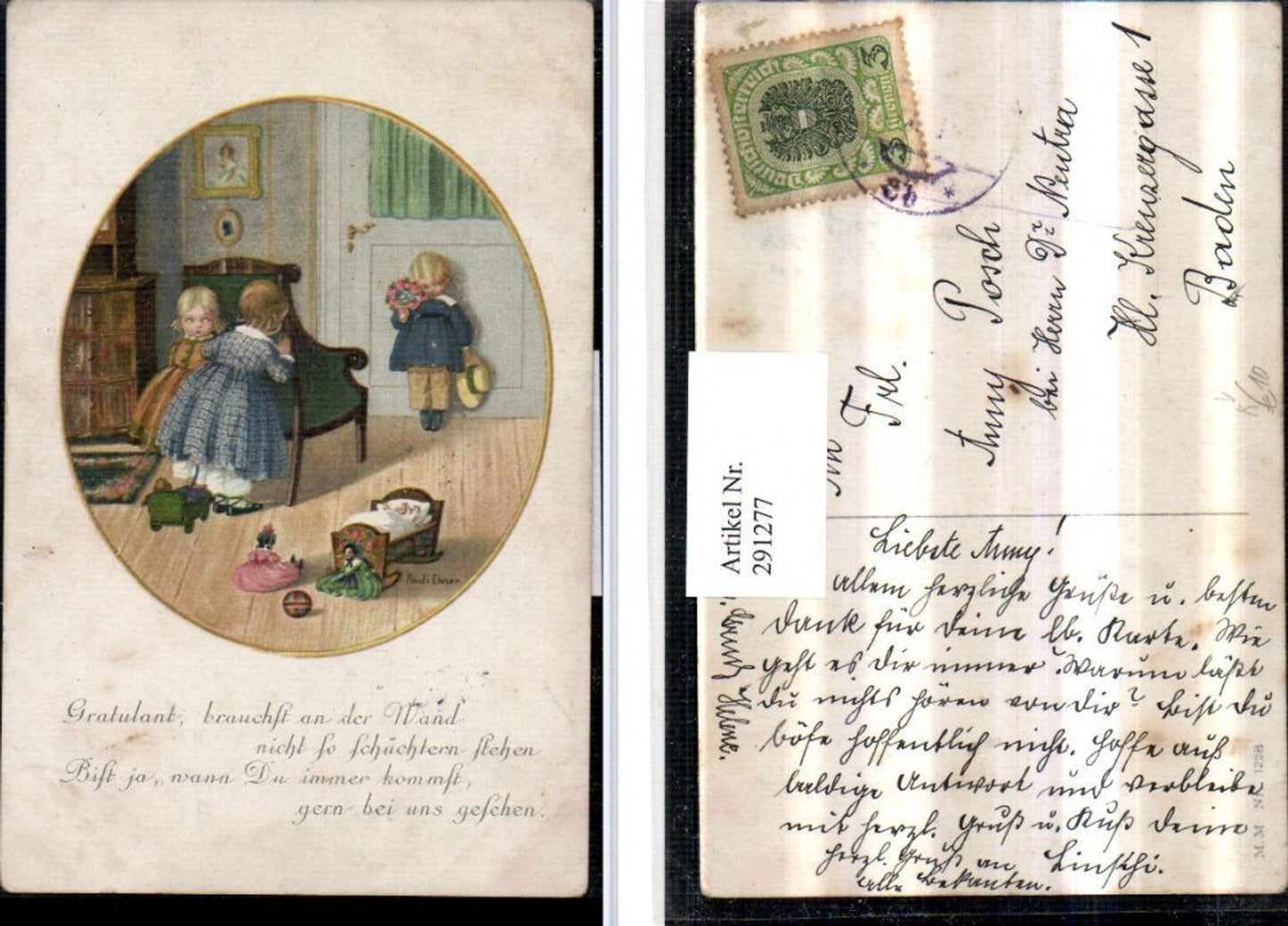 291277,Künstler AK Pauli Ebner Kinder Wiege Puppen Junge Hut Blumen Spruch pub M. Munk 1228