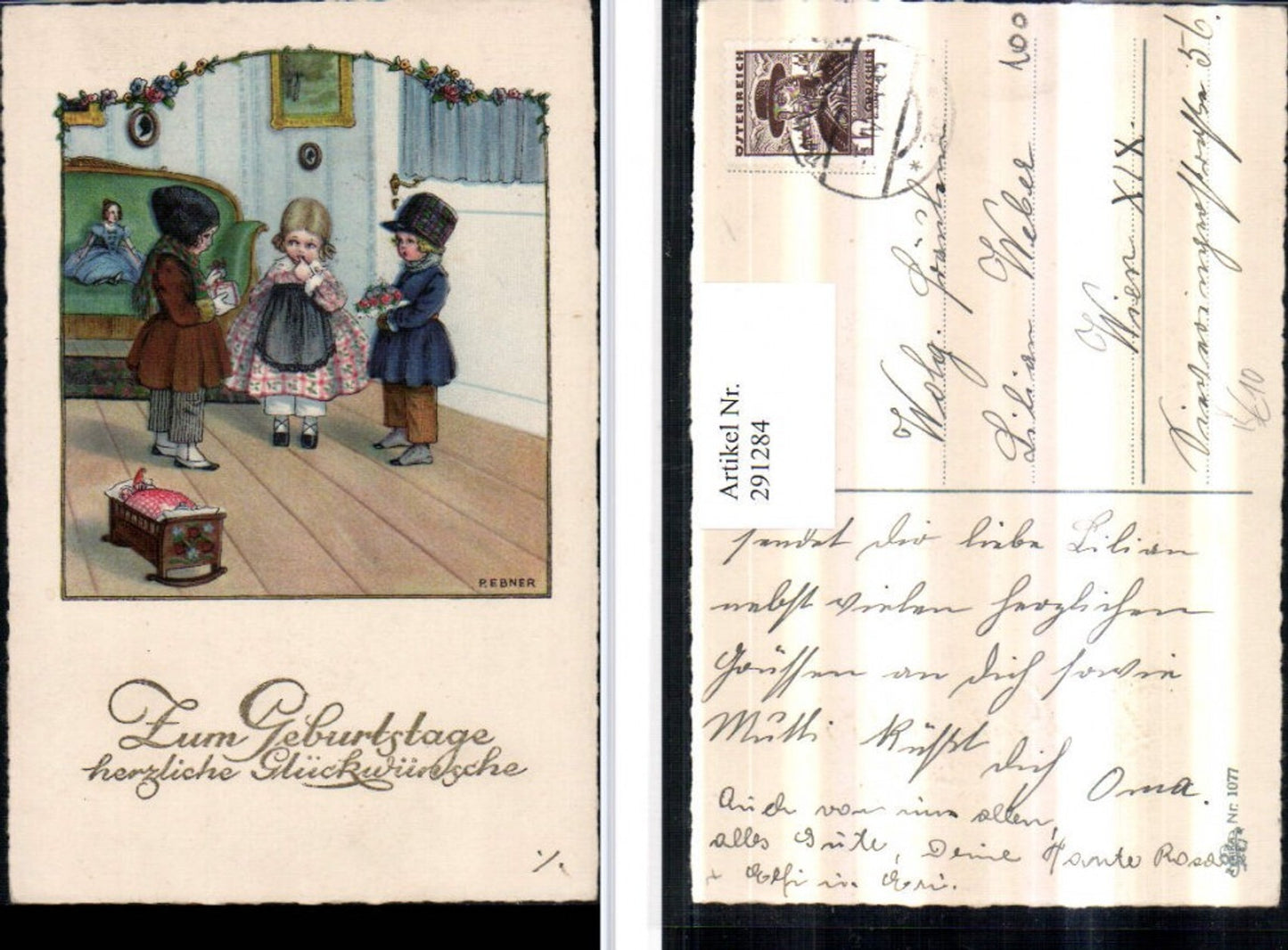 291284, Artist AK Pauli Ebner Birthday Children's Gift Flowers Doll Cradle pub Erika 1077