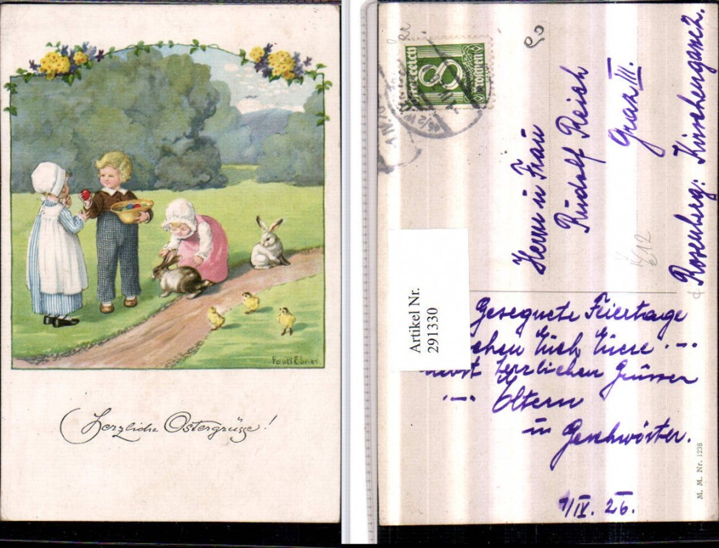 291330,Künstler AK Pauli Ebner Ostern Kinder Hasen Küken Ostereier Hut pub M. Munk 1238
