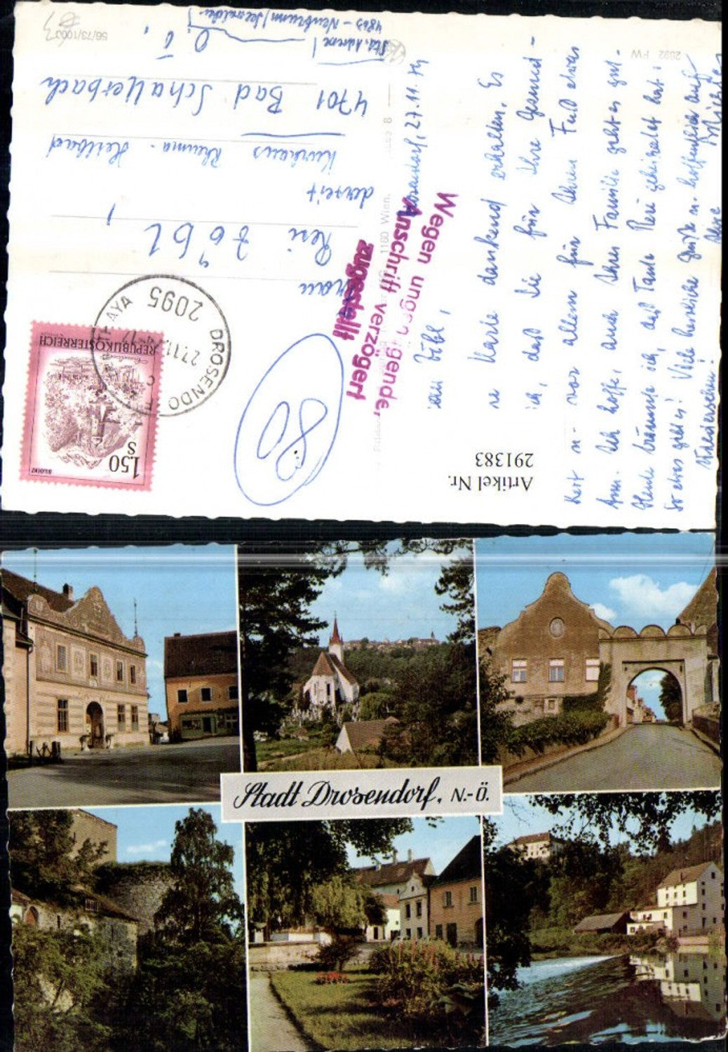 291383, Town of Drosendorf, partial view of church, gate, weir, street view, multi-view map