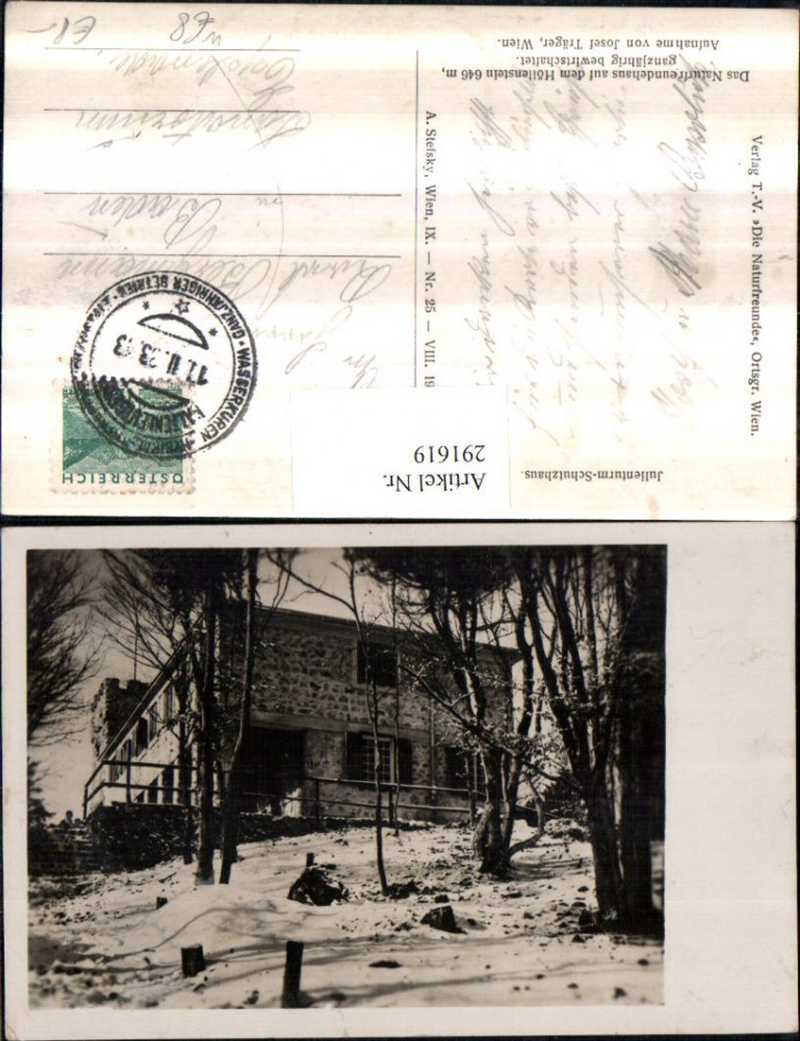 291619,Foto AK Julienturm-Schutzhaus b. Kaltenleutgeben Winterbild