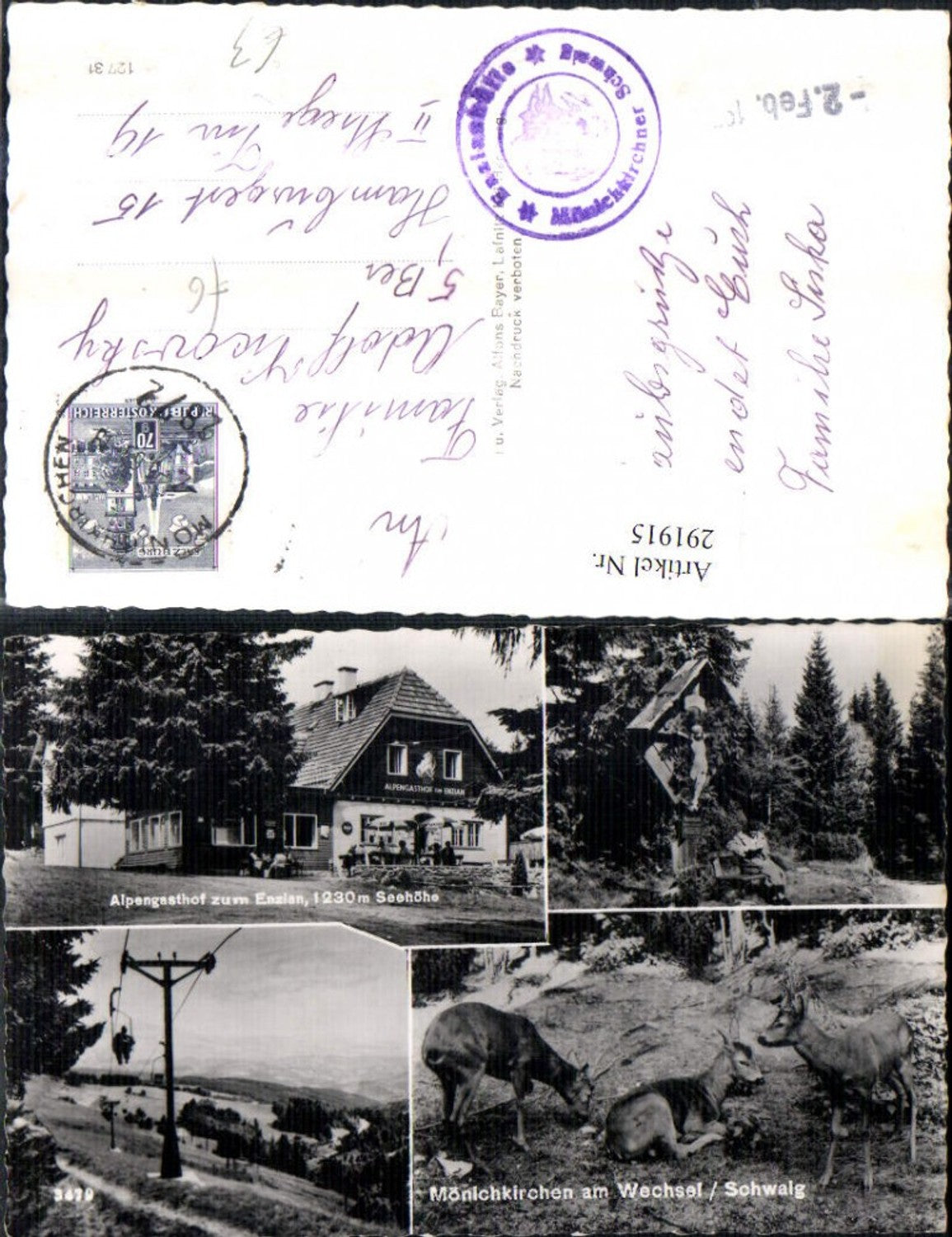 291915,Mönichkirchen Schwaig Alpengasthof zum Enzian Wegkreuz Sessellift Wild Rehe Mehrbildkarte