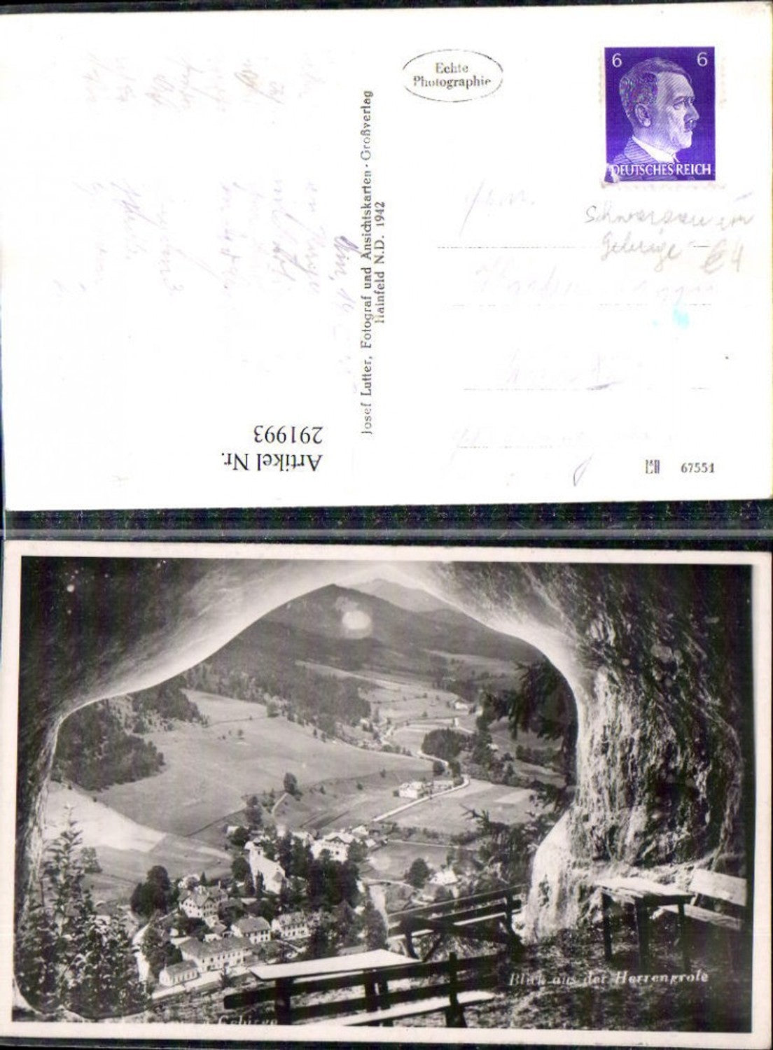 291993,Blick aus d. Herrengrotte auf Schwarzau im Gebirge Totale