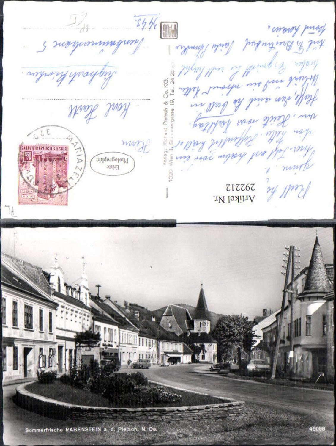 292212,Rabenstein an d. Pielach Straßenansicht Denkmal Kirche Bahnpost Zug 320