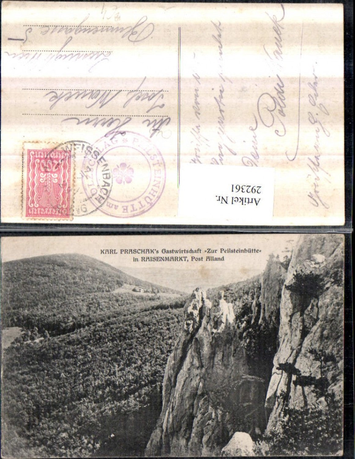 292361,Karl Praschaks Gastwirtschaft zur Peilsteinhütte in Raisenmarkt b. Alland