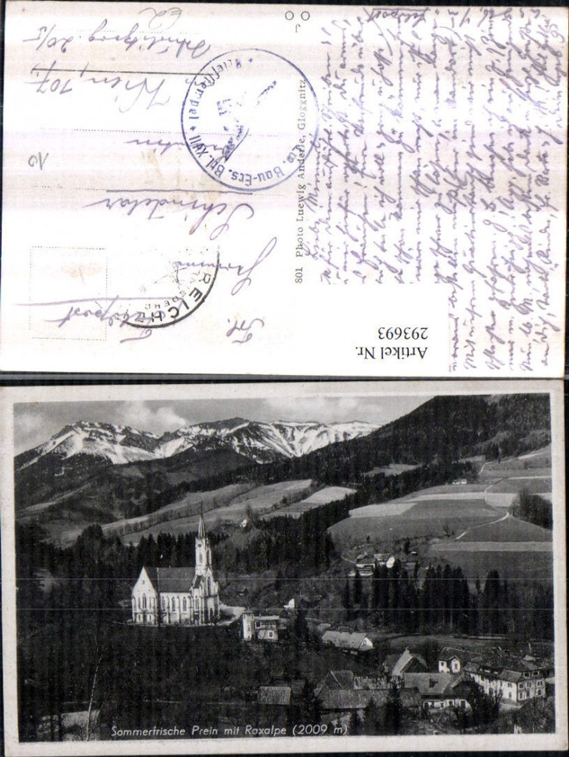 293693,Prein an d. Rax Teilansicht Kirche Bergkulisse