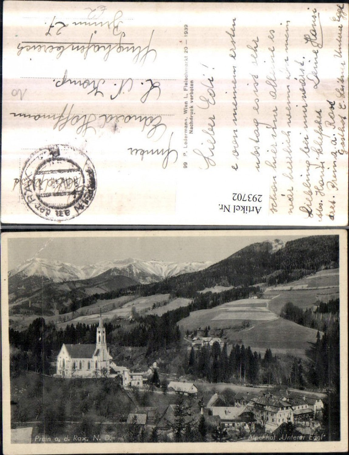 293702,Prein an d. Rax Teilansicht Kirche Alpenhotel Unterer Eggl Bergkulisse