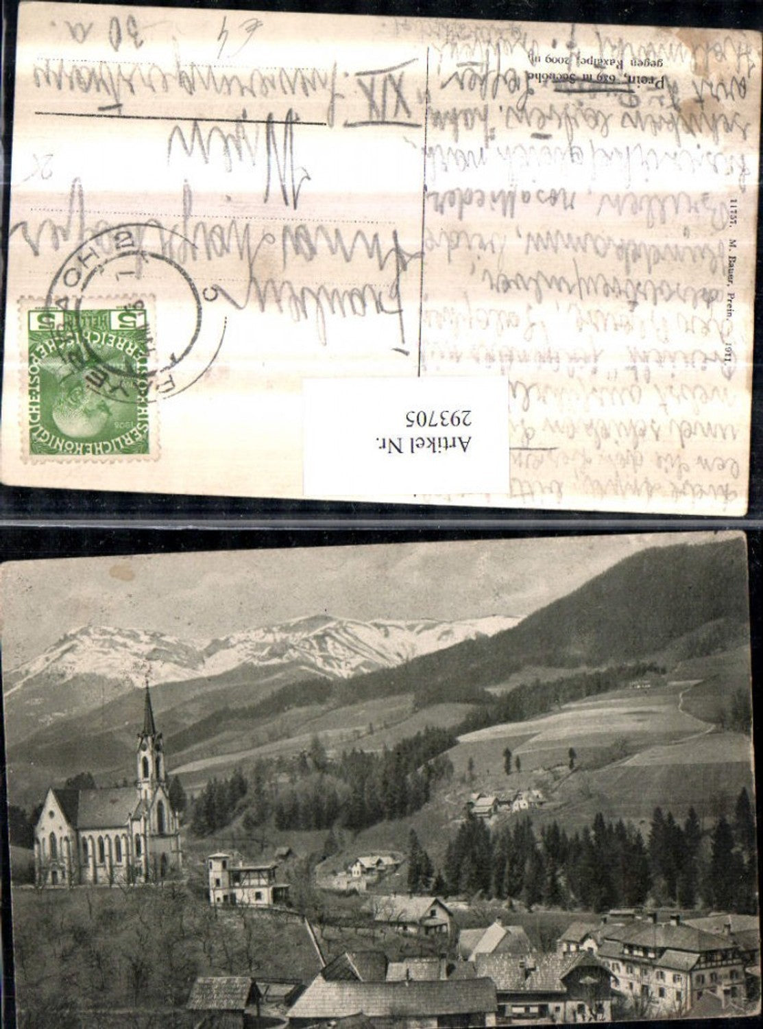 293705,Prein an d. Rax Teilansicht Kirche geg. Raxalpe Bergkulisse