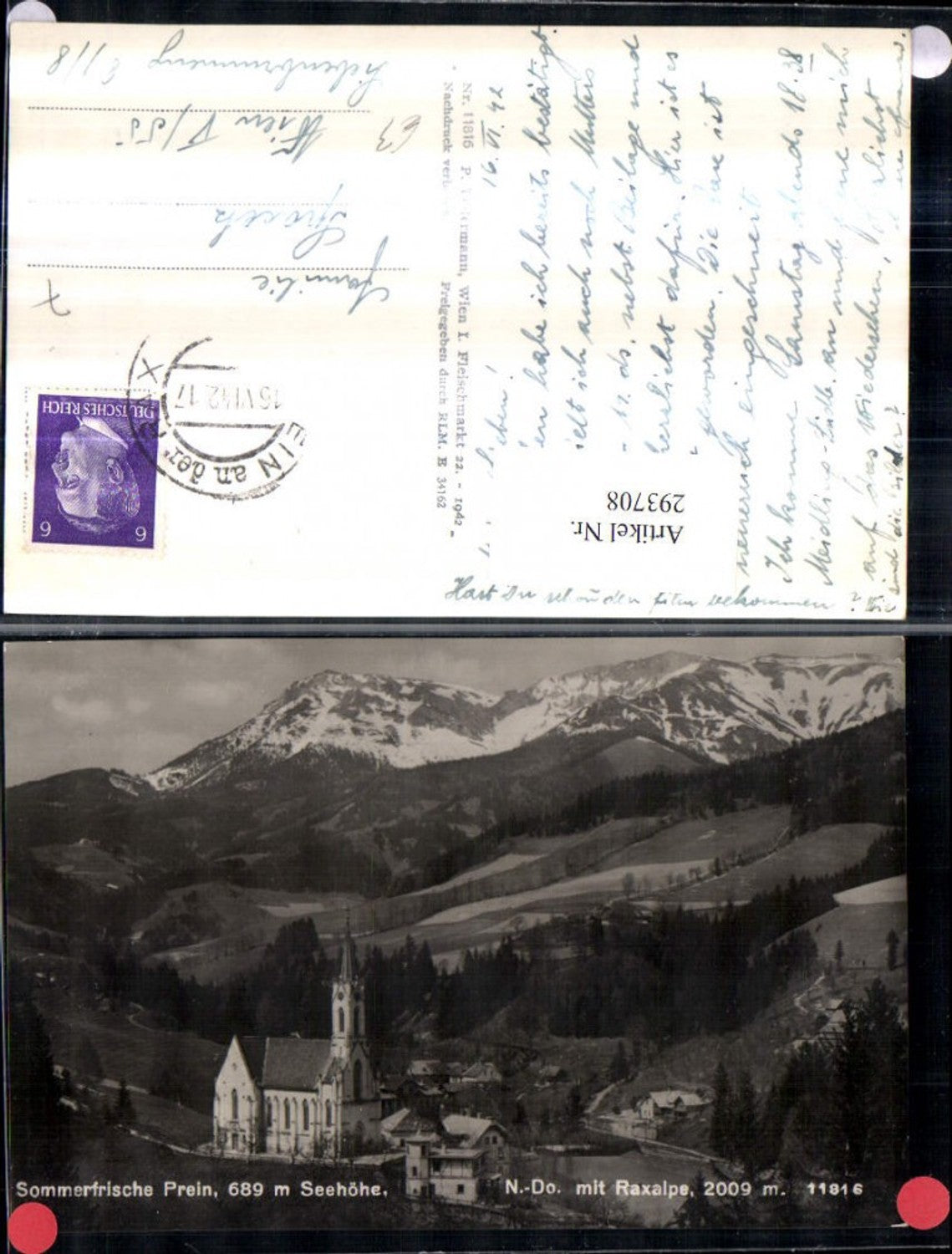 293708,Prein an d. Rax Teilansicht Kirche m. Raxalpe Bergkulisse