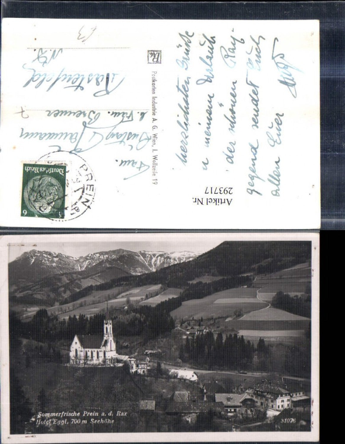 293717,Prein an d. Rax Teilansicht Kirche u. Hotel Eggl Bergkulisse