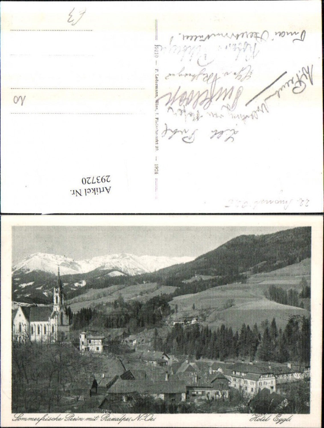 293720,Prein an d. Rax Teilansicht Hotel Eggl u. Kirche m. Raxalpe Bergkulisse
