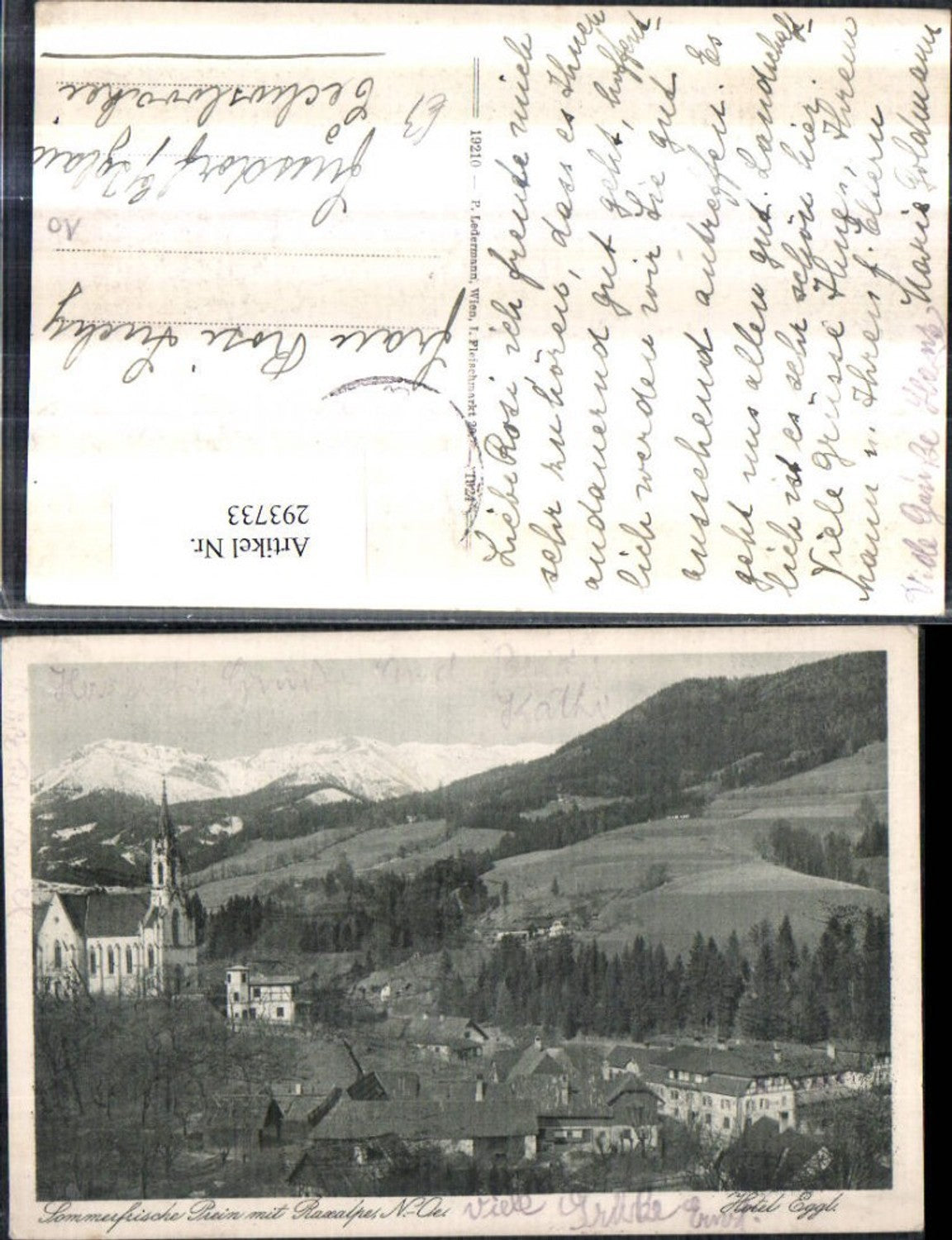 293733,Prein an d. Rax Teilansicht Kirche u. Hotel Eggl m. Raxalpe Bergkulisse