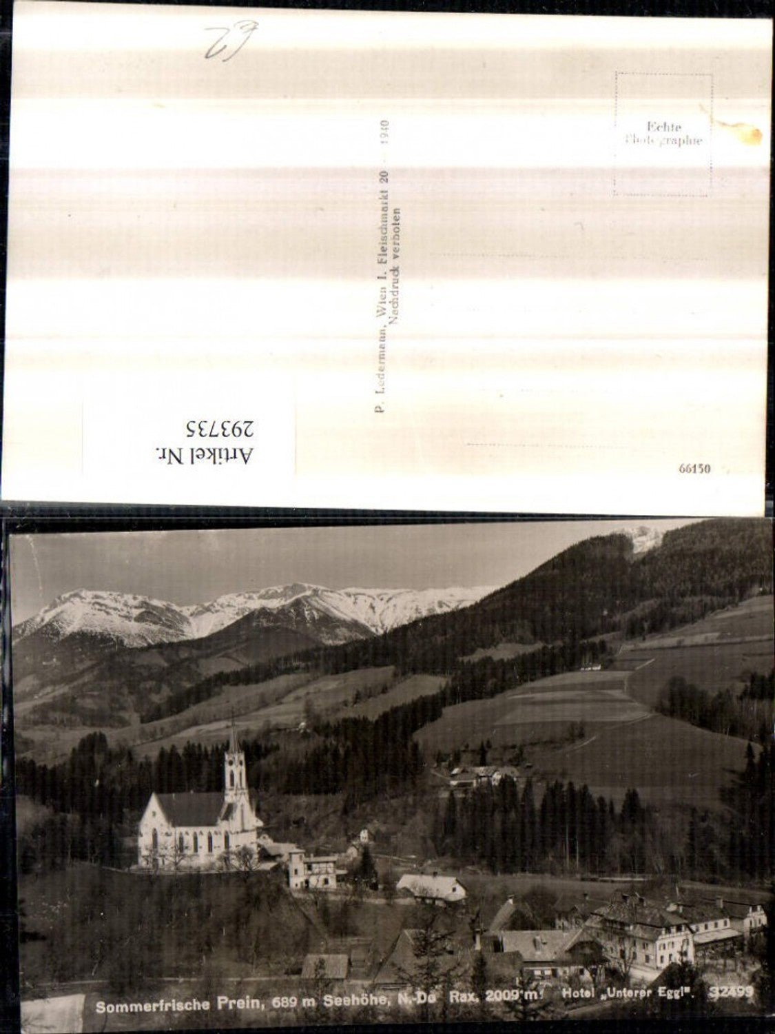 293735,Prein an d. Rax Teilansicht Kirche u. Hotel Unterer Eggl m. Raxalpe Bergkulisse
