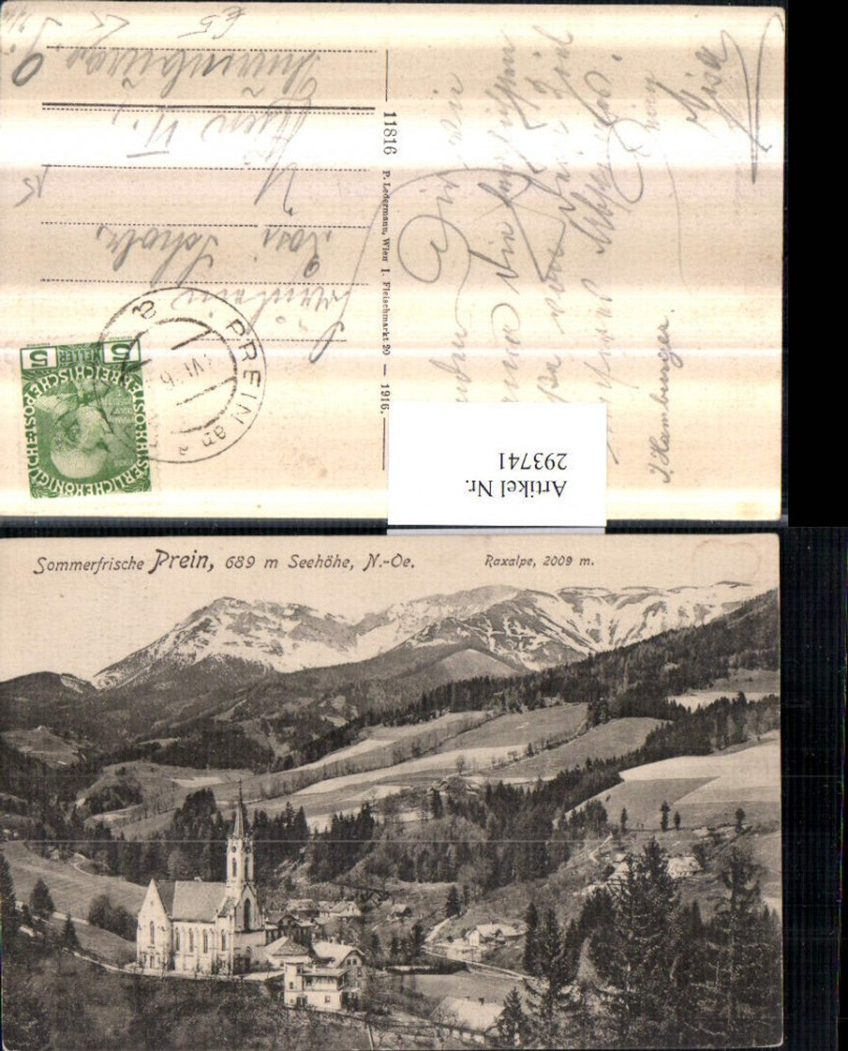 293741,Prein an d. Rax Teilansicht Kirche m. Raxalpe Bergkulisse