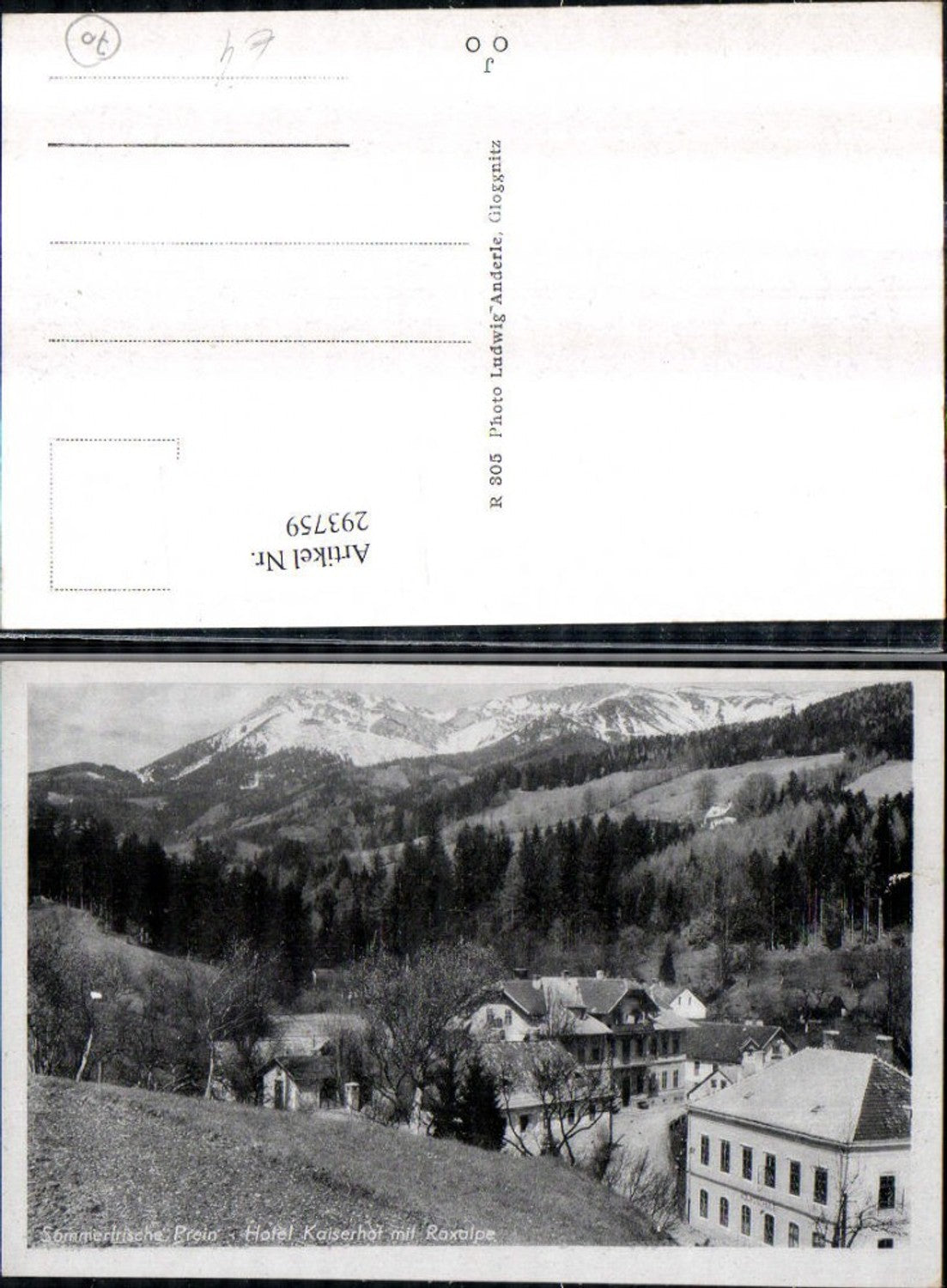 293759,Prein an d. Rax Hotel Kaiserhof m. Raxalpe Bergkulisse