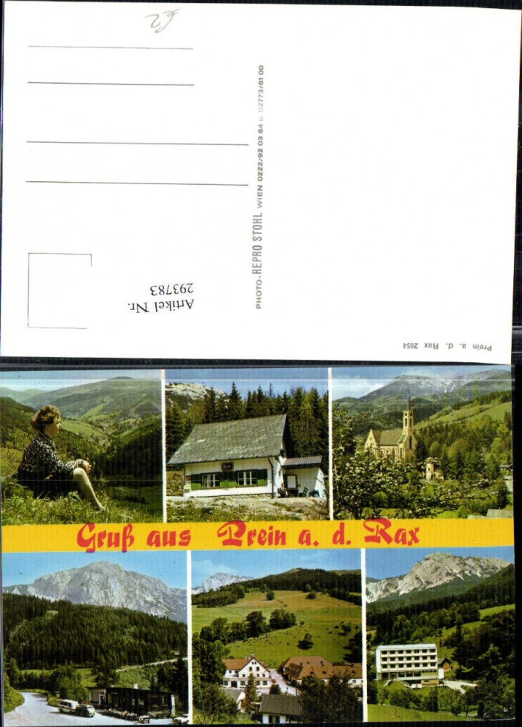 293783,Prein an d. Rax Kirche Berghütte Bergkulisse VW-Bus Mehrbildkarte