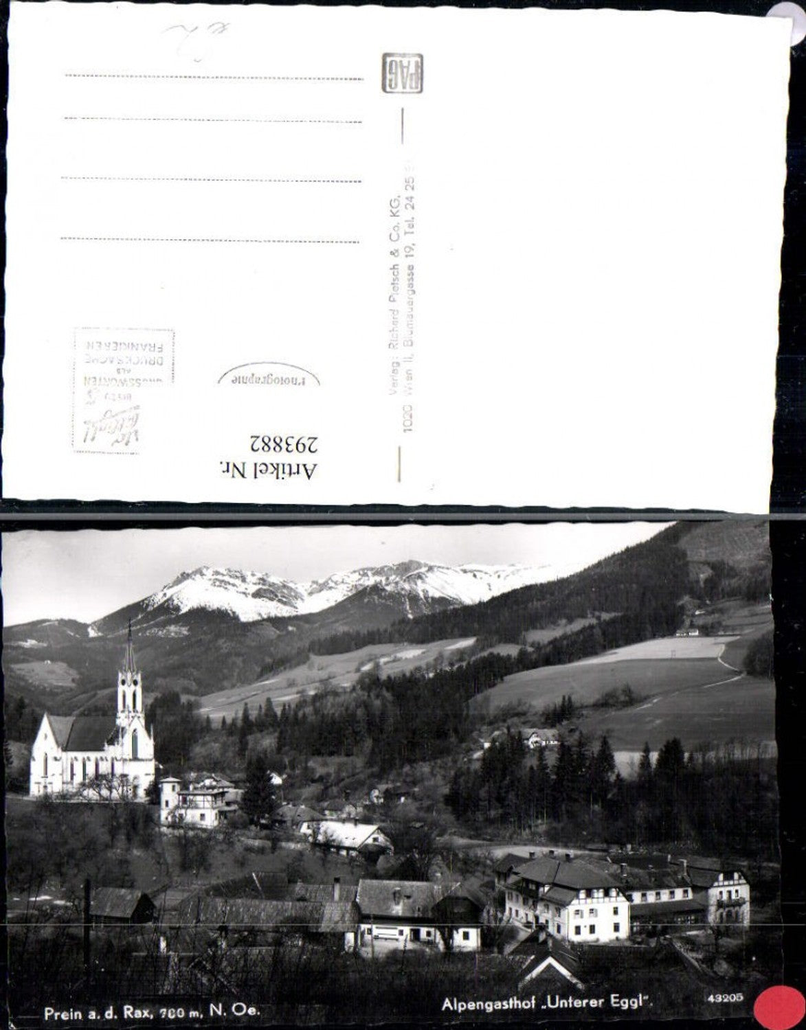 293882,Prein an d. Rax Teilansicht Kirche u. Alpengasthof Unterer Eggl Bergkulisse