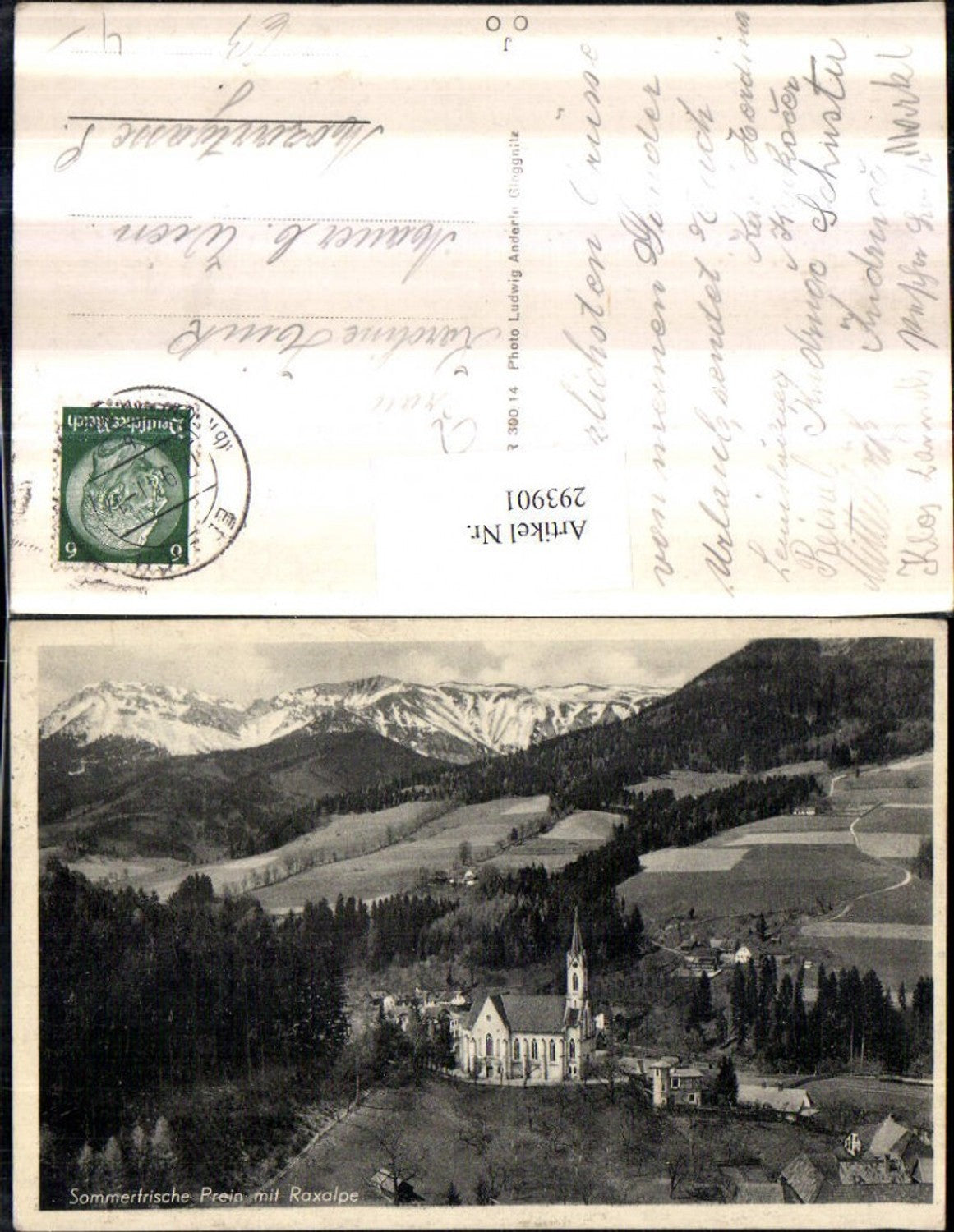 293901,Prein an d. Rax Teilansicht Kirche m. Raxalpe Bergkulisse