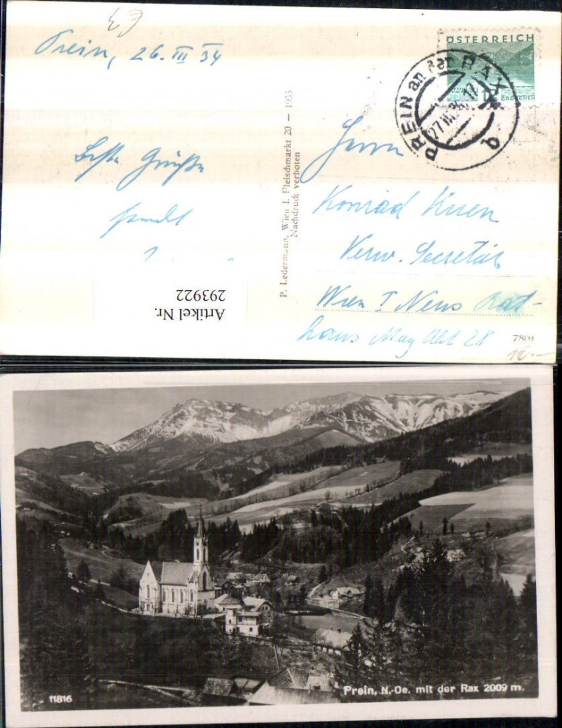 293922,Prein an d. Rax Teilansicht Kirche m. Rax Bergkulisse
