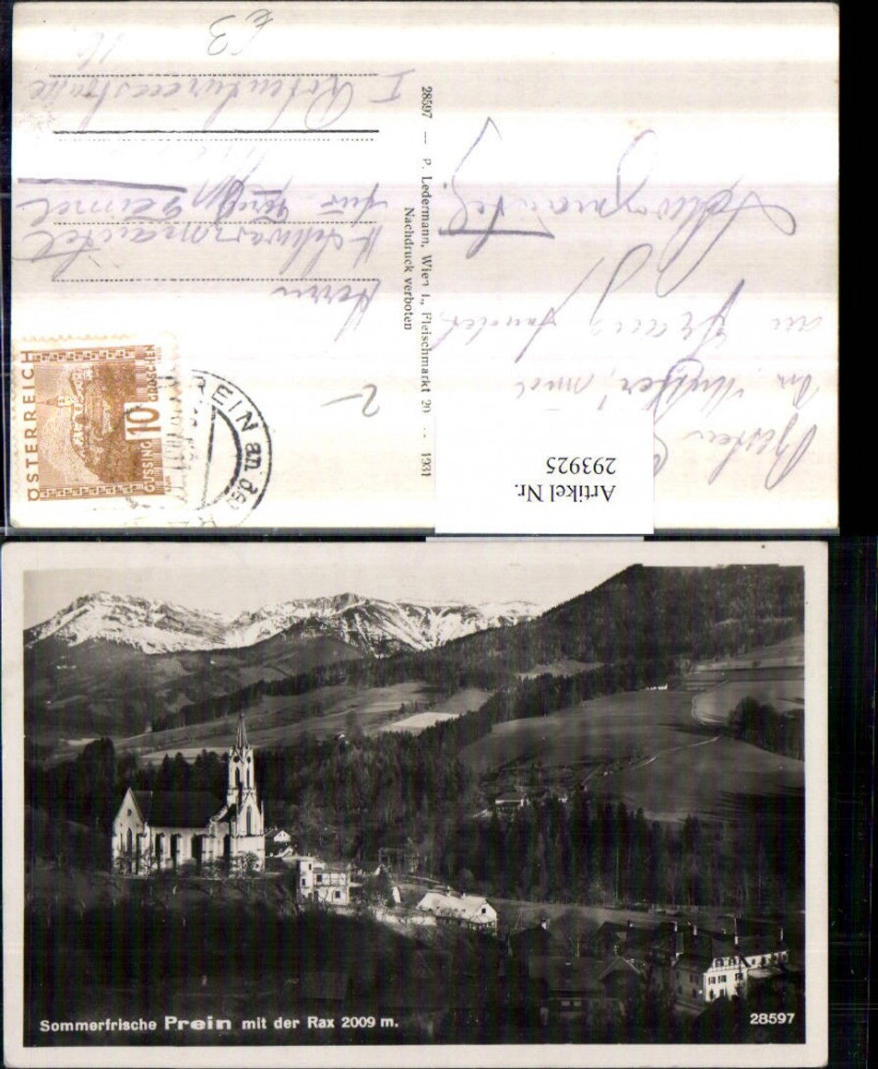 293925,Prein an d. Rax Teilansicht Kirche Bergkulisse