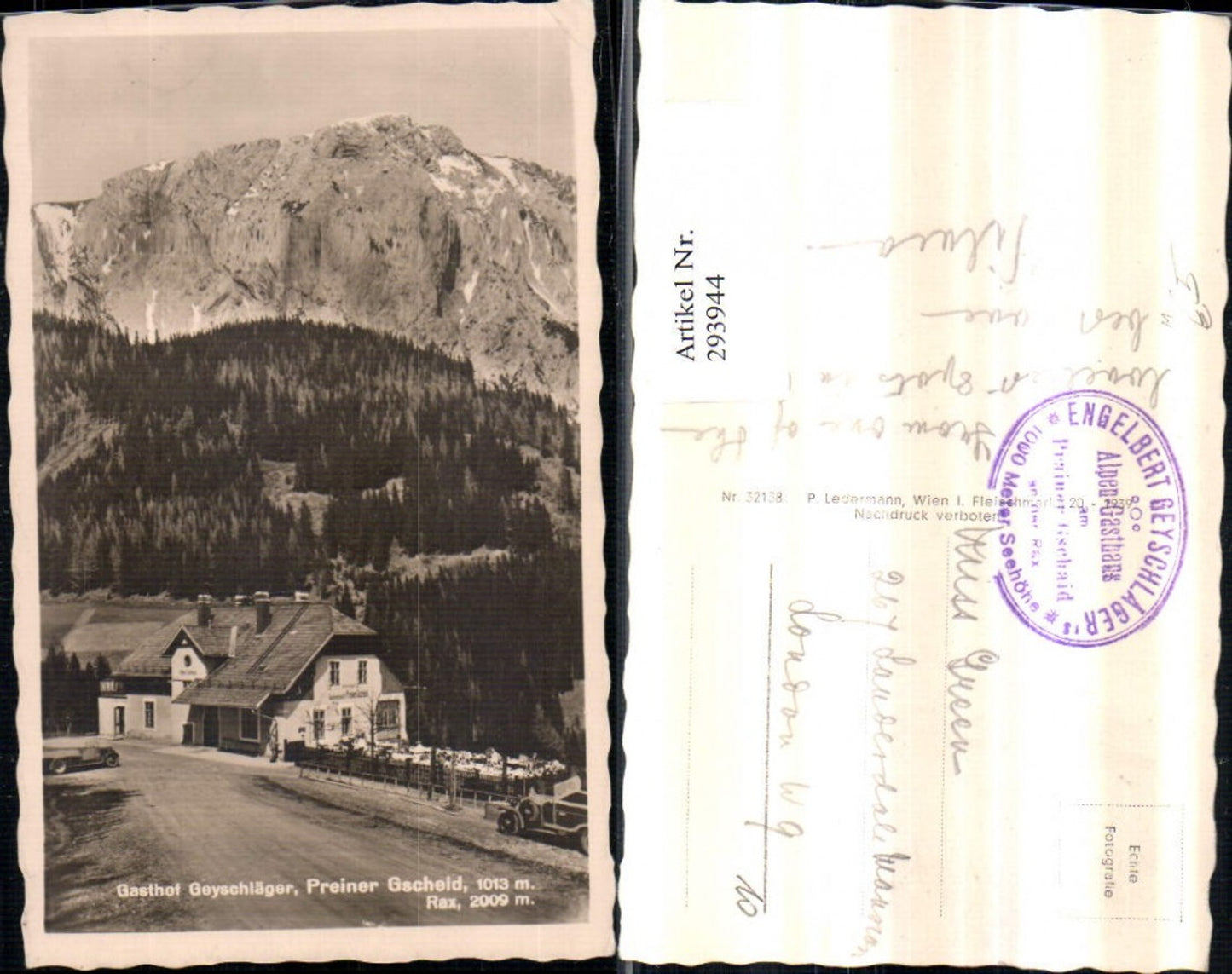 293944,Rax Preiner Gscheid Gasthof Geyschläger b. Prein Bergkulisse Automobil Oldtimer