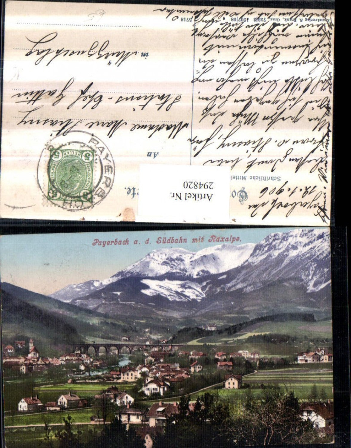 294820,Payerbach an d. Südbahn Totale m. Brücke Viadukt geg. Raxalpe Bergkulisse