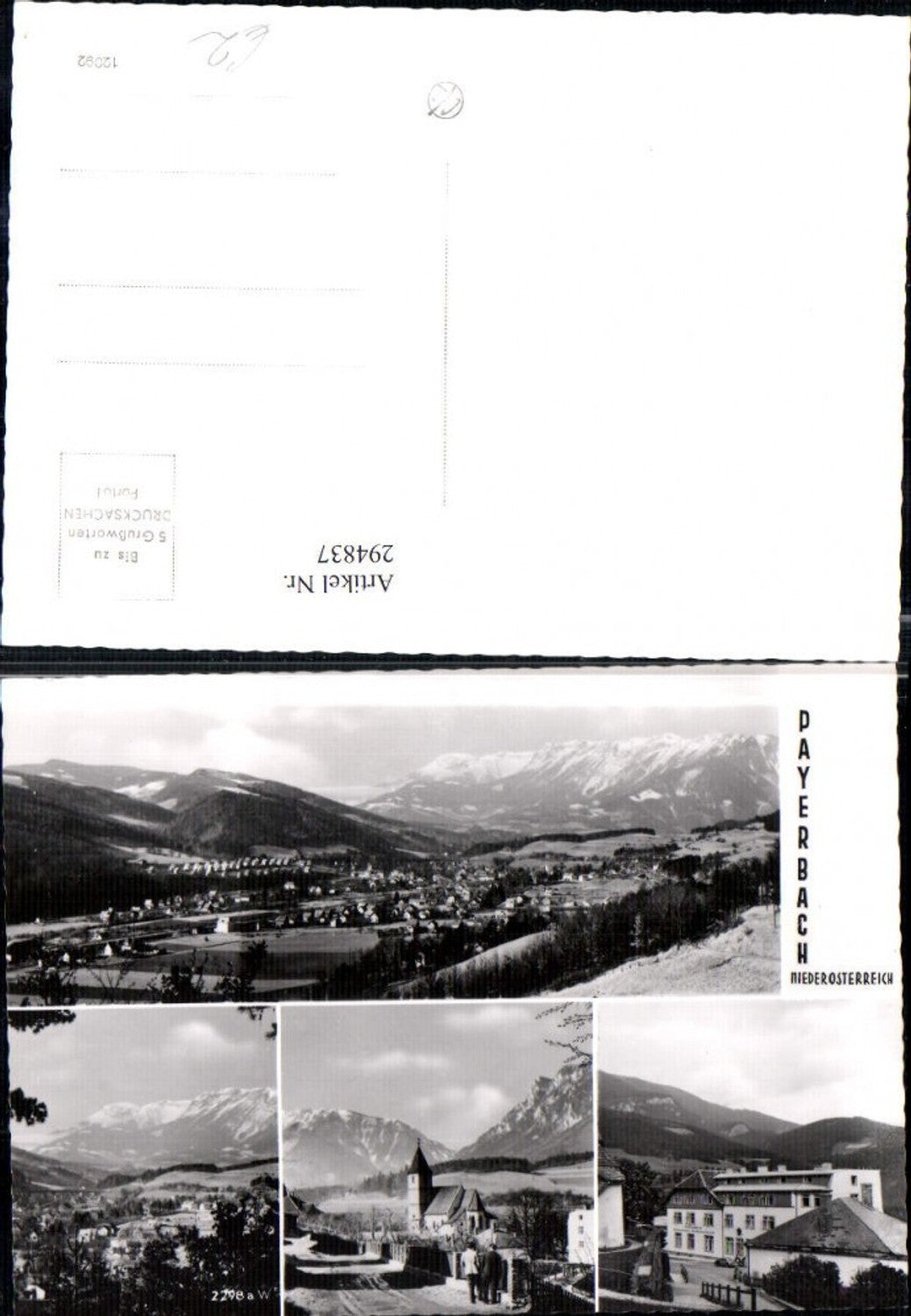 294837,Payerbach Totale Kirche Jugendheim Bergkulisse Mehrbildkarte