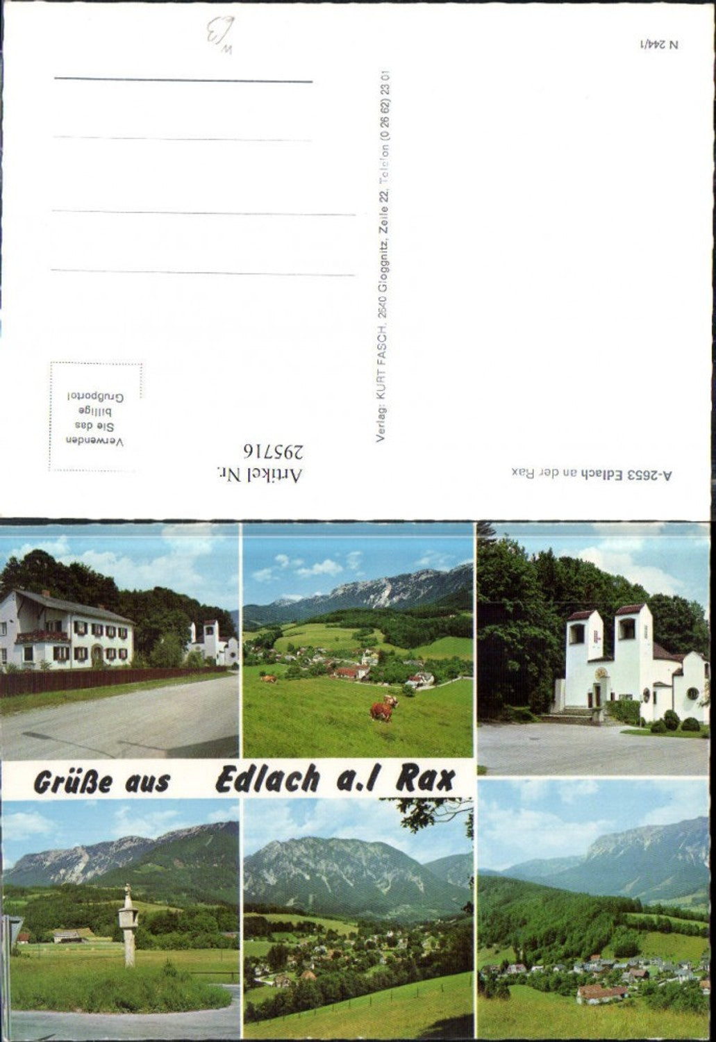 295716,Edlach an d. Rax Totale Kirche Bildstock Straßenansicht Mehrbildkarte