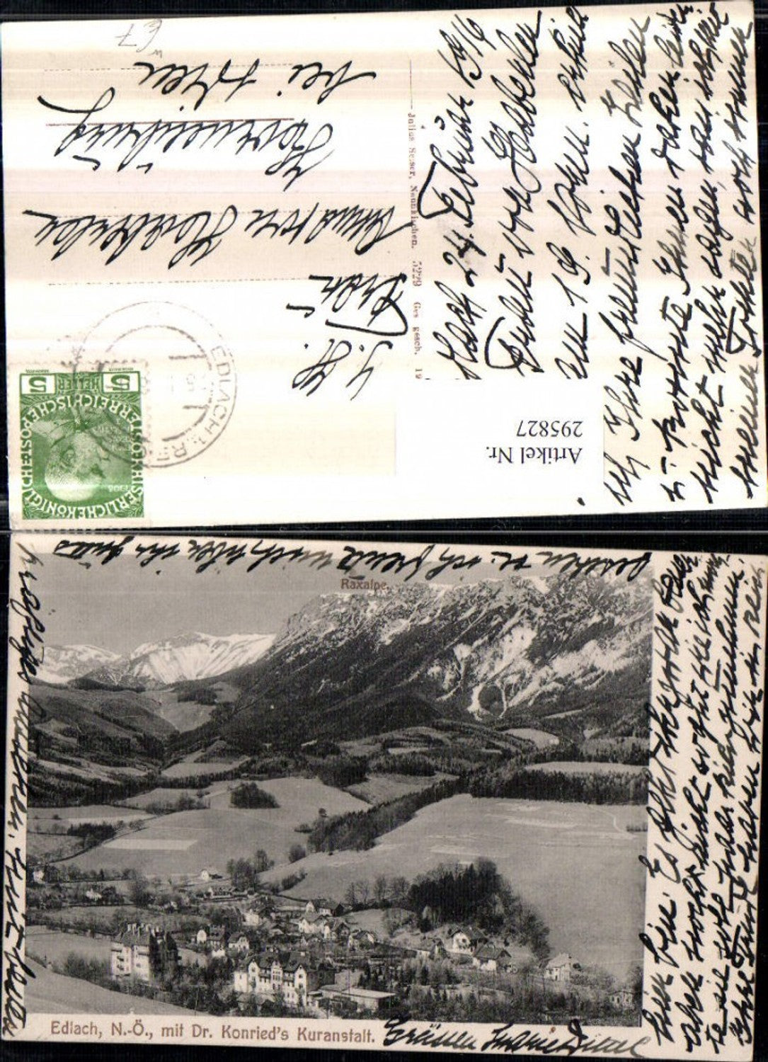295827,Edlach an d. Rax Totale m. Dr. Konrieds Kuranstalt geg. Raxalpe Bergkulisse