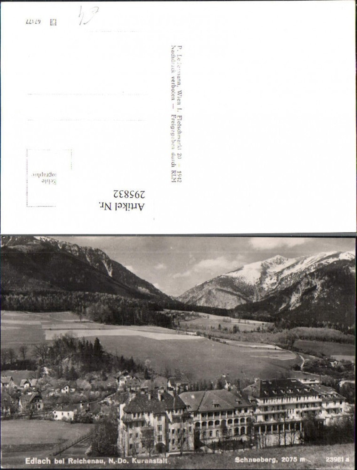 295832,Edlach b. Reichenau an d. Rax Teilansicht m. Kuranstalt geg. Schneeberg Bergkulisse