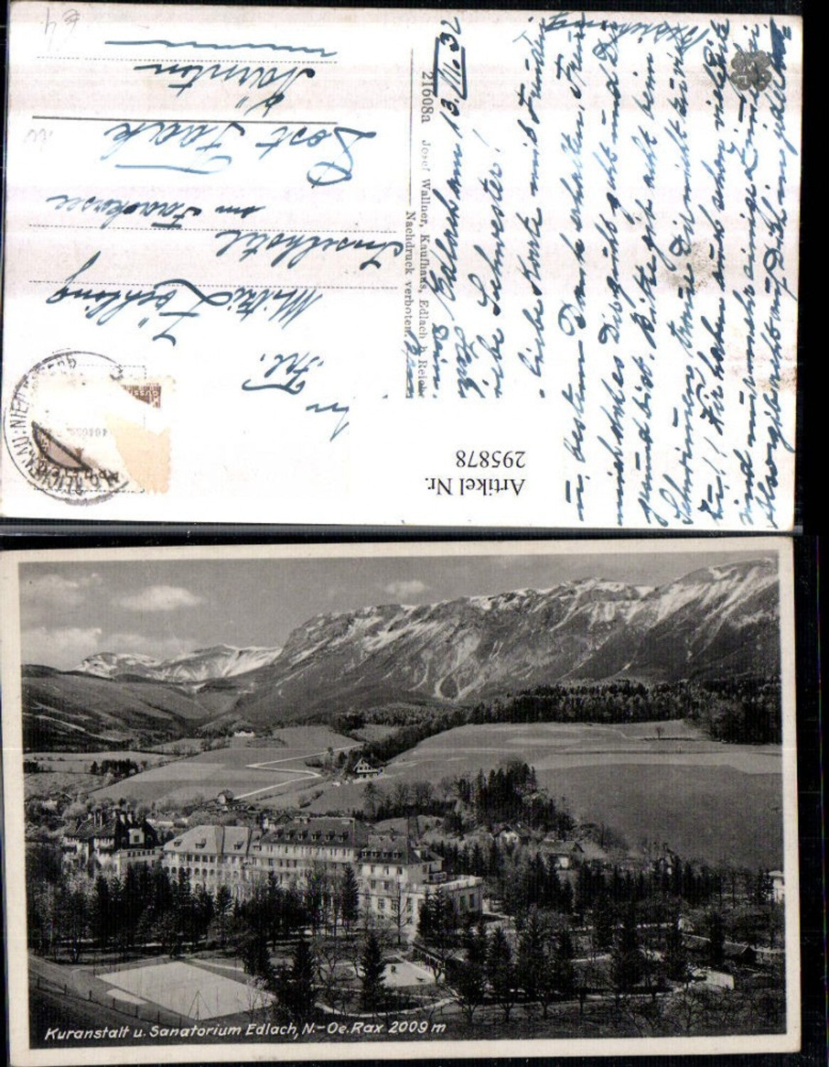 295878,Edlach Kuranstalt u. Sanatorium geg. Rax Bergkulisse