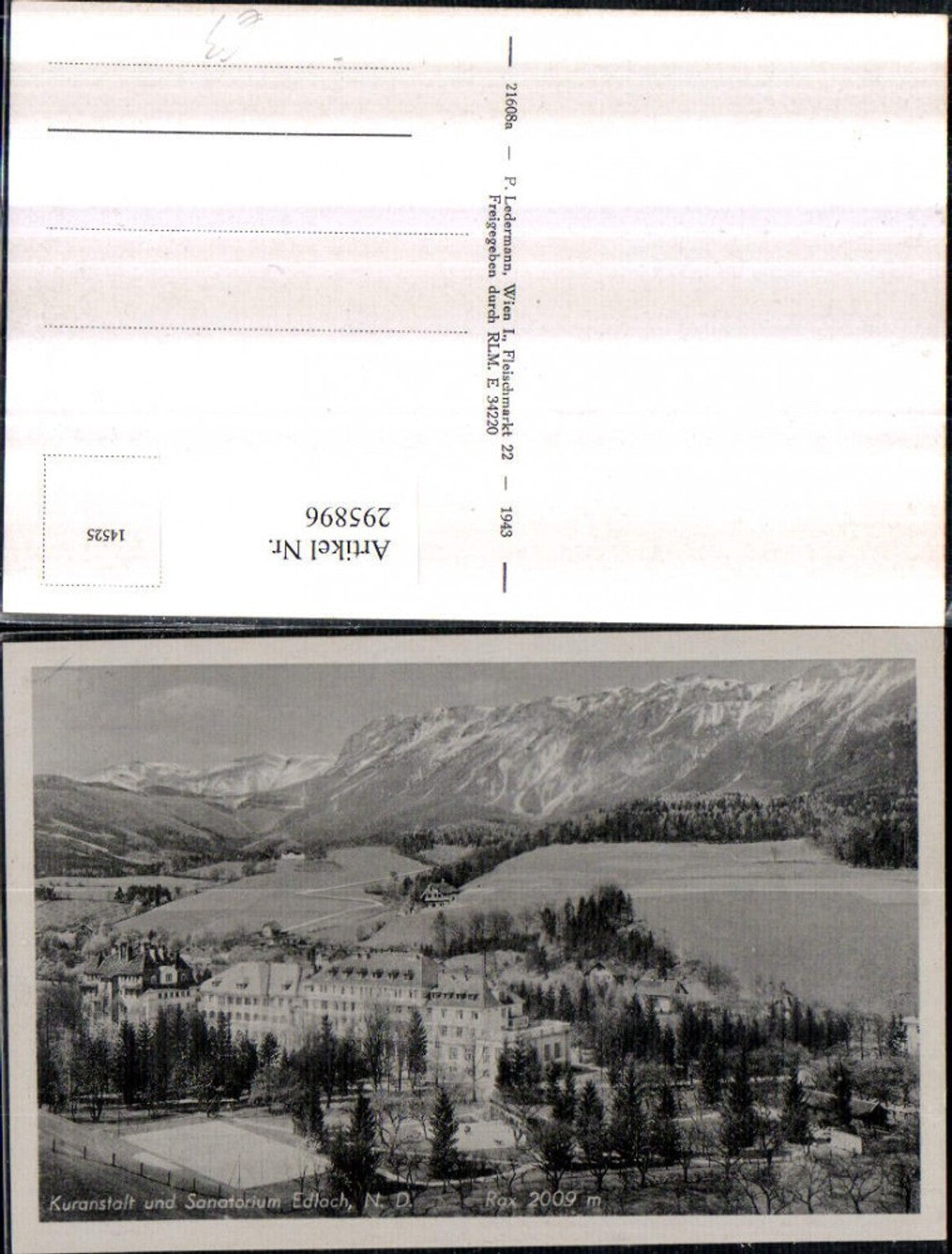 295896,Edlach Kuranstalt u. Sanatorium geg. Rax Bergkulisse