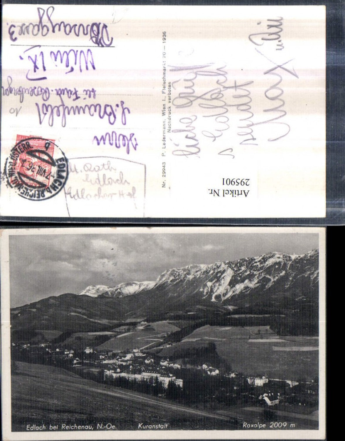 295901,Edlach b. Reichenau Totale m. Kuranstalt geg. Raxalpe Bergkulisse