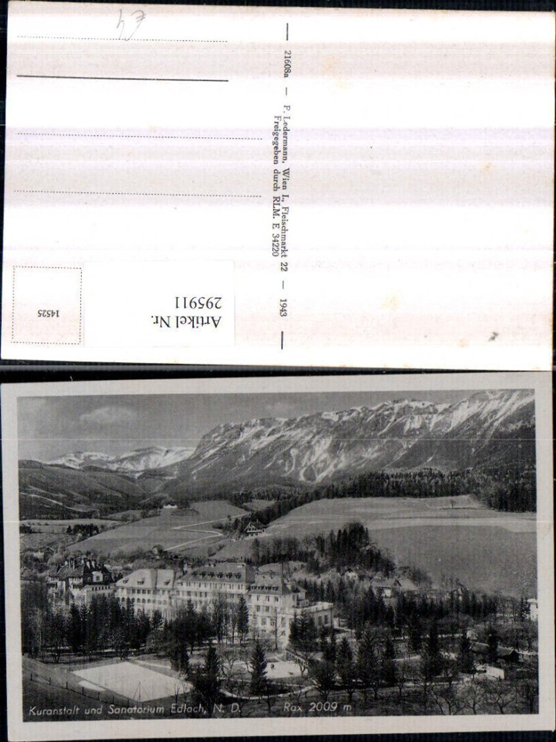 295911,Edlach Kuranstalt u. Sanatorium geg. Rax Bergkulisse