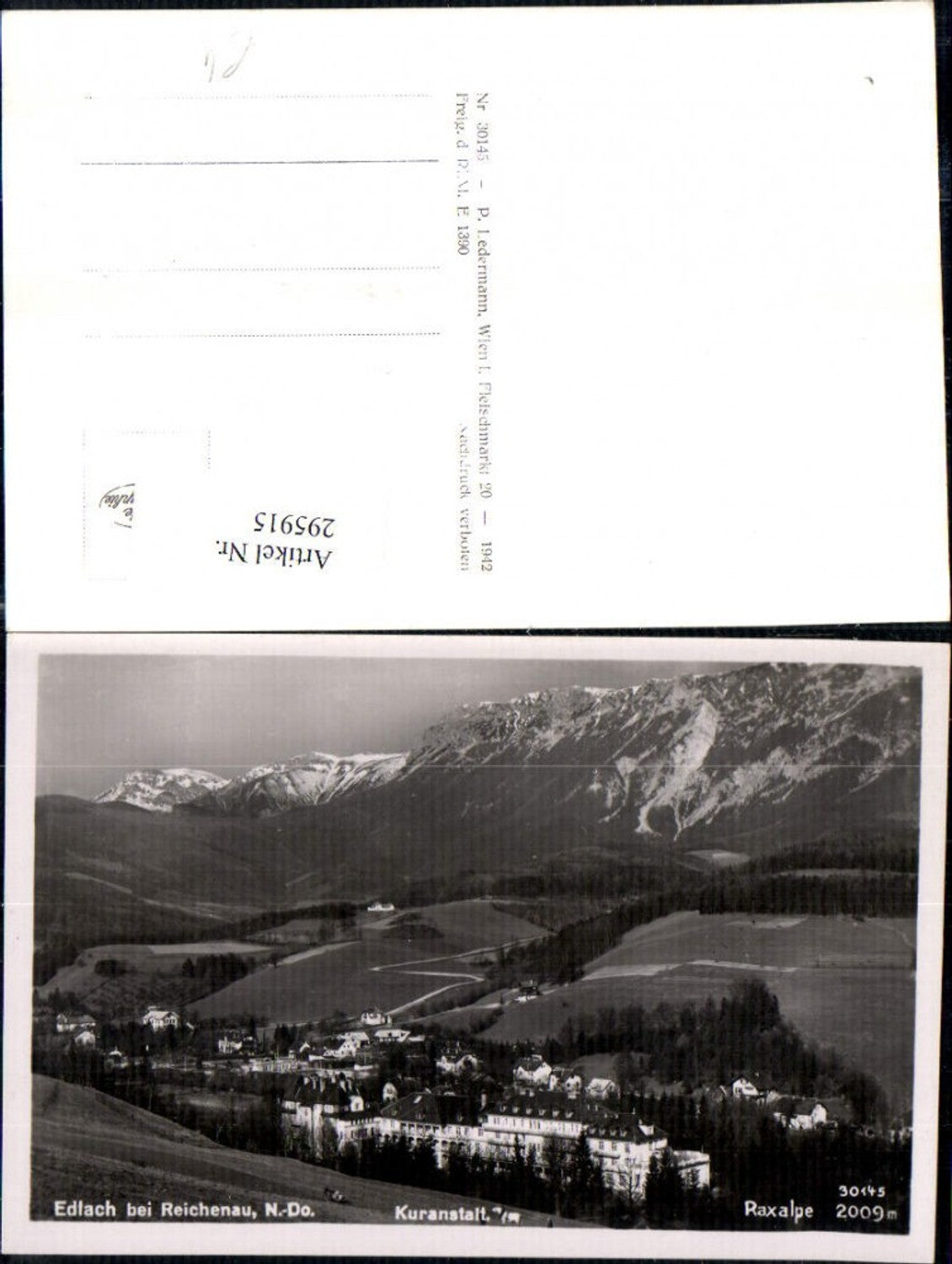 295915,Edlach b. Reichenau Totale m. Kuranstalt geg. Raxalpe Bergkulisse