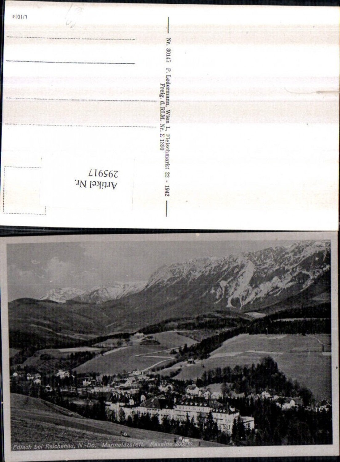 295917,Edlach b. Reichenau Totale m. Marinelazarett geg. Raxalpe Bergkulisse