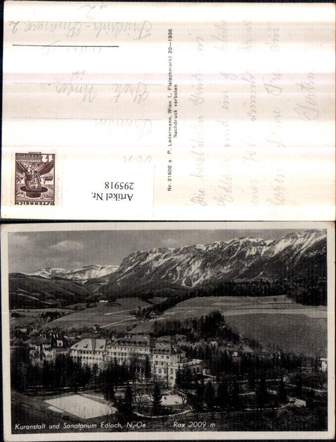 295918,Edlach Kuranstalt u. Sanatorium geg. Rax Bergkulisse