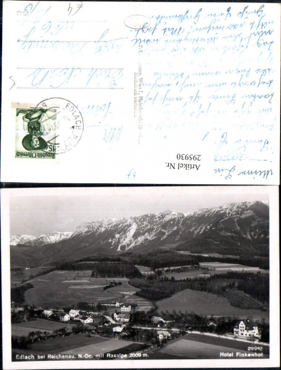 295930,Edlach b. Reichenau Totale m. Hotel Finkenhof geg. Raxalpe Bergkulisse