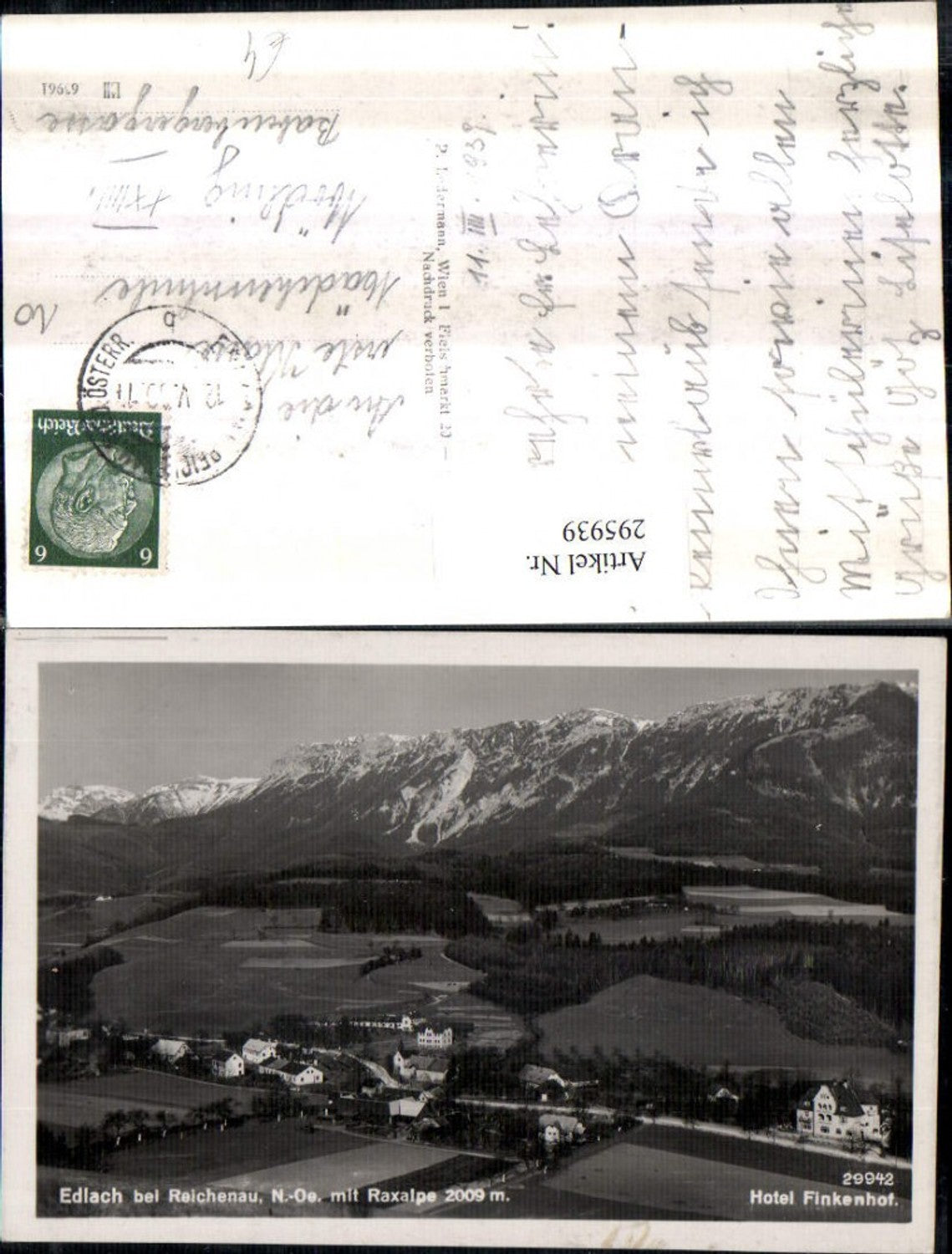 295939,Edlach b. Reichenau Totale m. Hotel Finkenhof geg. Raxalpe Bergkulisse