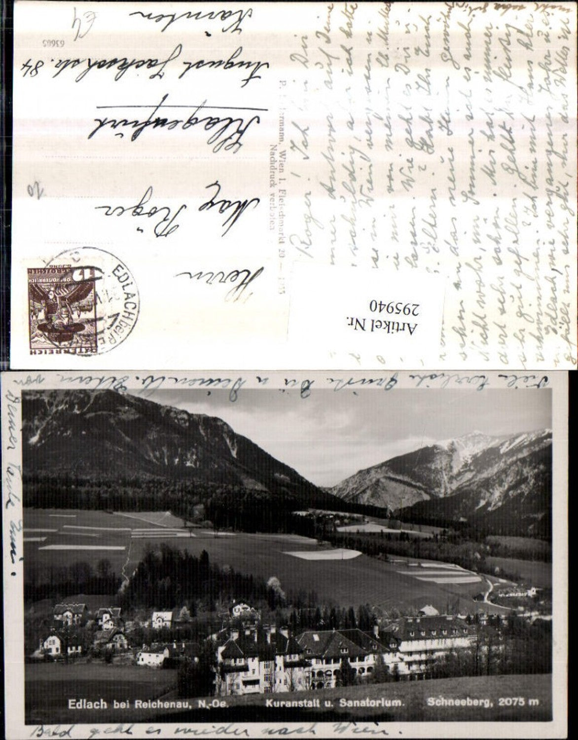 295940,Edlach b. Reichenau Kuranstalt u. Sanatorium geg. Schneeberg Bergkulisse