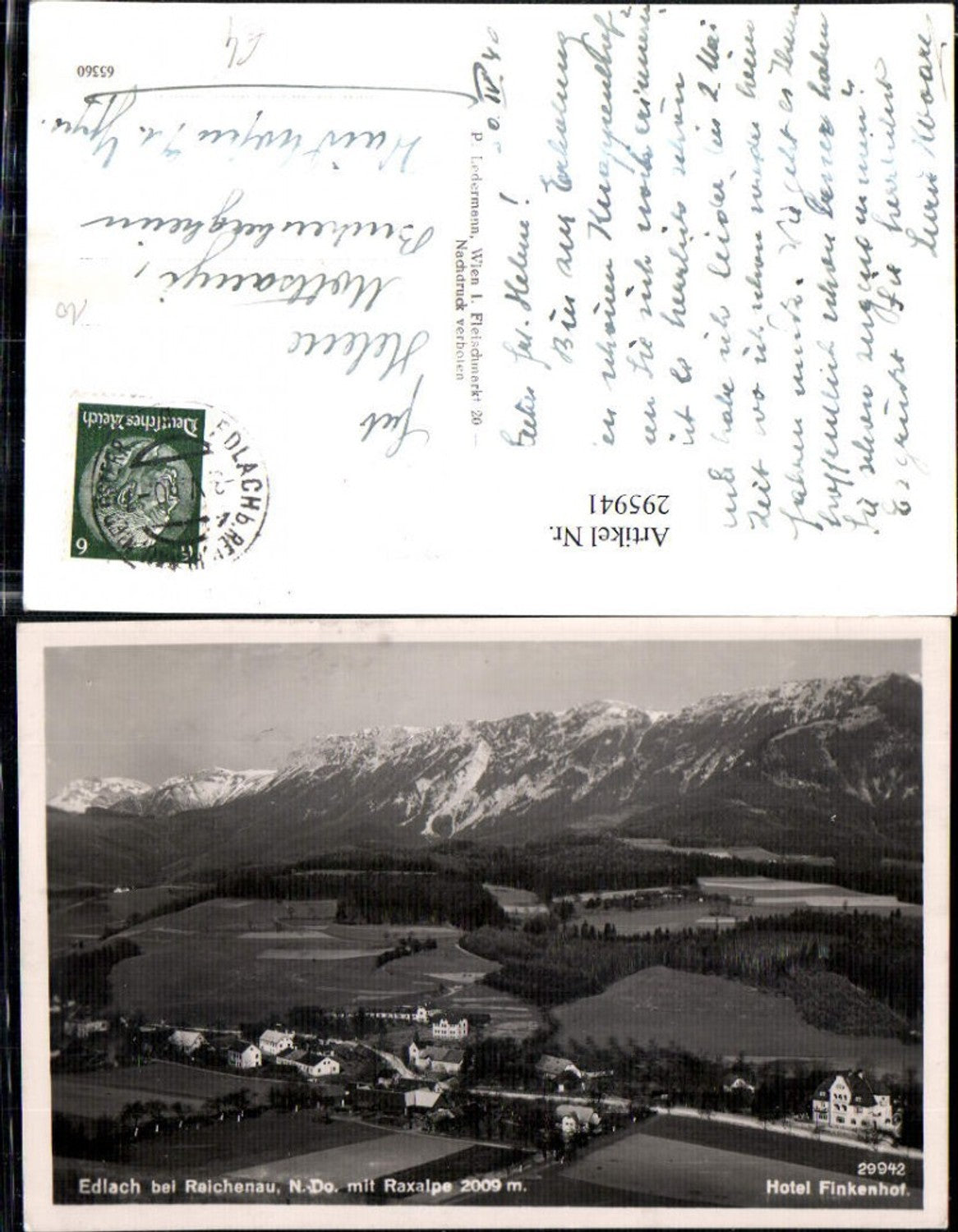 295941,Edlach b. Reichenau Totale m. Hotel Finkenhof geg. Raxalpe Bergkulisse