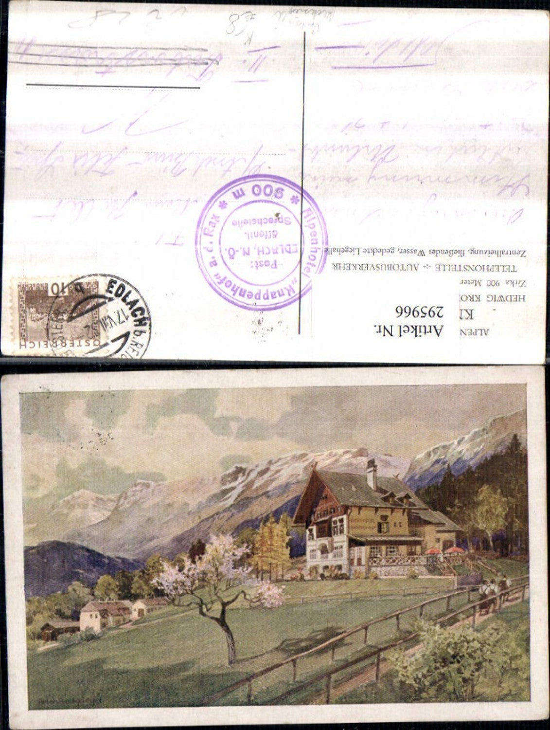 295966,Künstler AK Anton Reckziegel Alpenhotel u. Pension Knappenhof b. Edlach Bergkulisse
