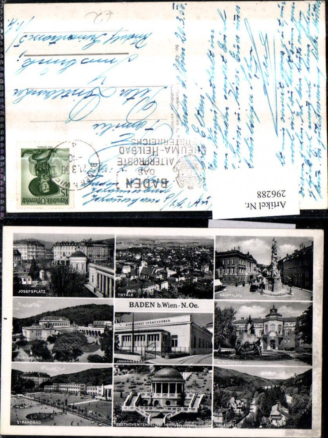 296288,Baden b. Wien Totale Hauptplatz Kurhaus Casino Strandbad Helenental Mehrbildkarte