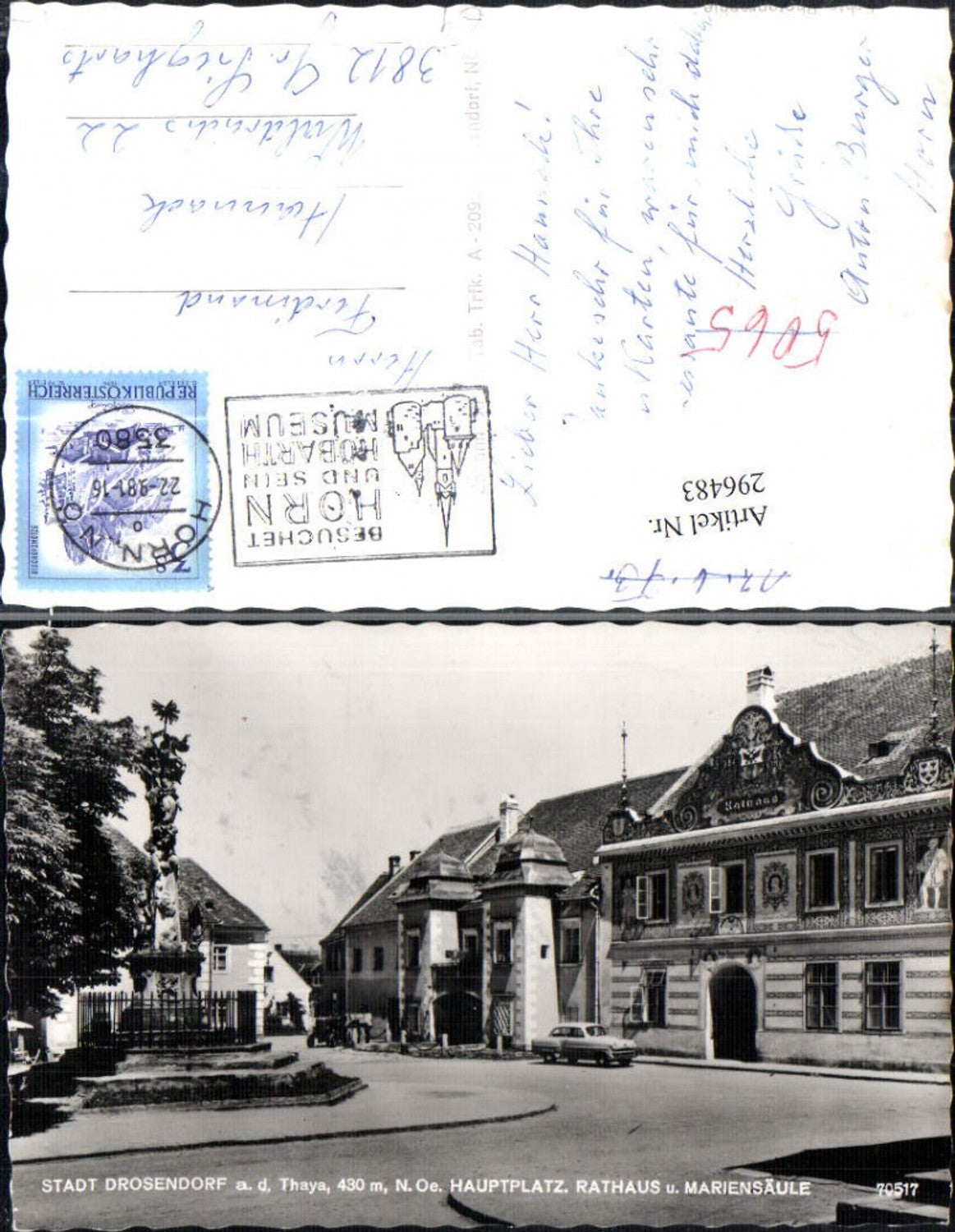296483,Drosendorf an d. Thaya Hauptplatz Straßenansicht Rathaus u. Mariensäule