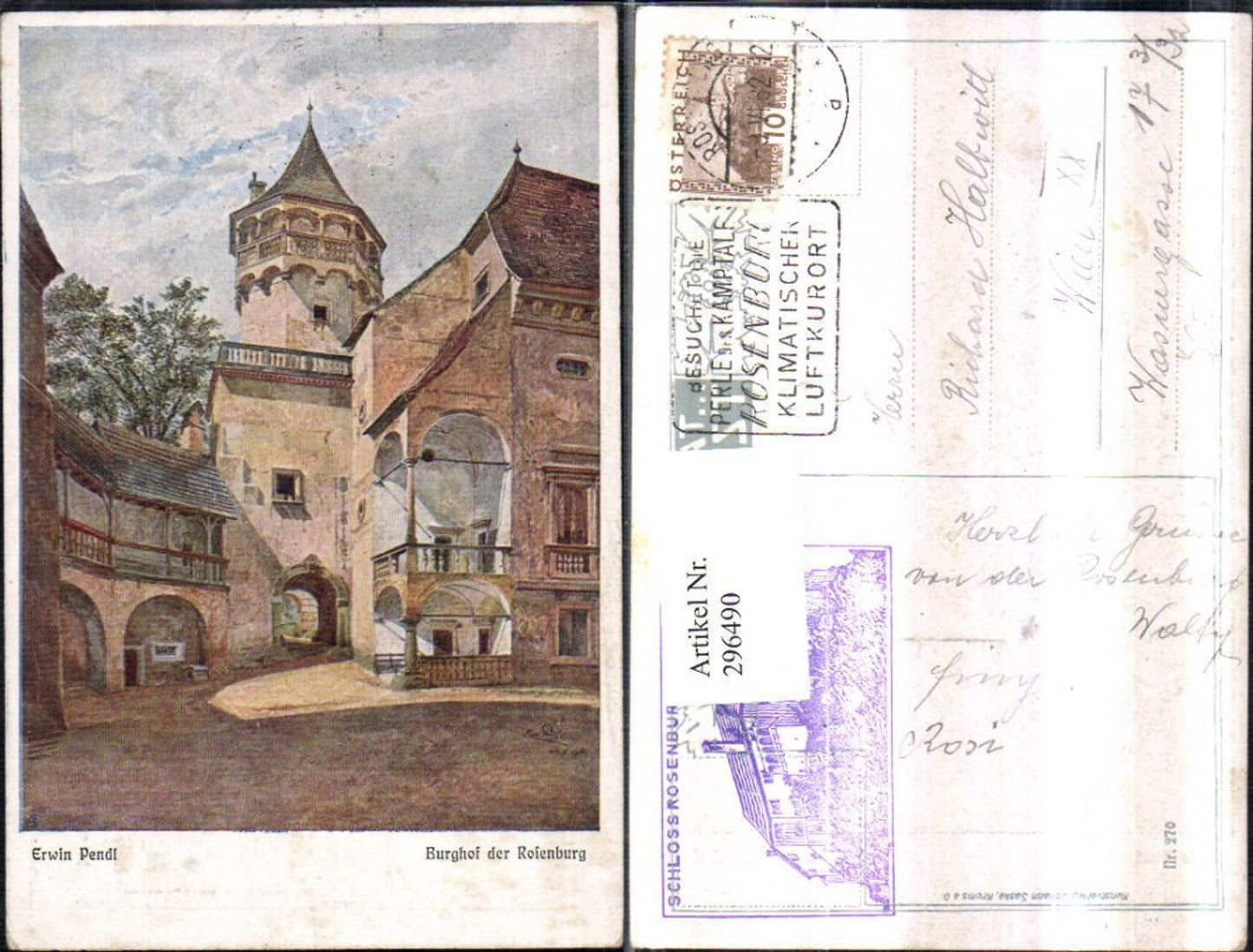 296490,Künstler AK Erwin Pendl Burghof des Schlosses Rosenburg