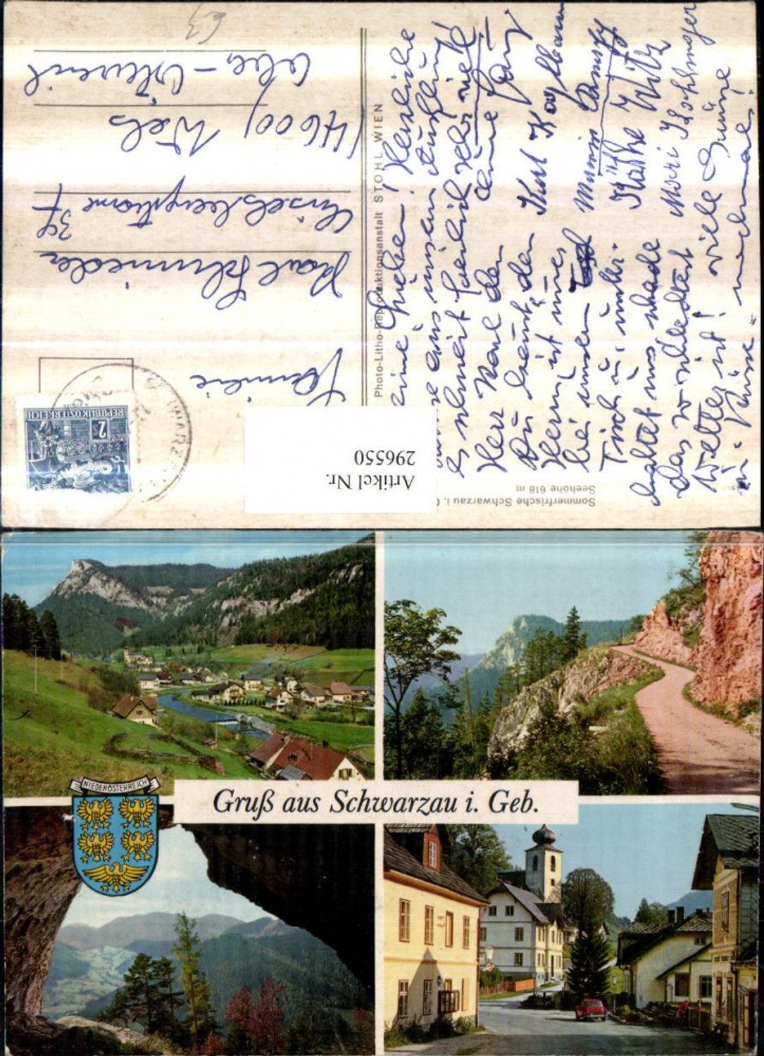 296550,Gruß aus Schwarzau im Gebirge Totale Kirche Wegpartie Mehrbildkarte